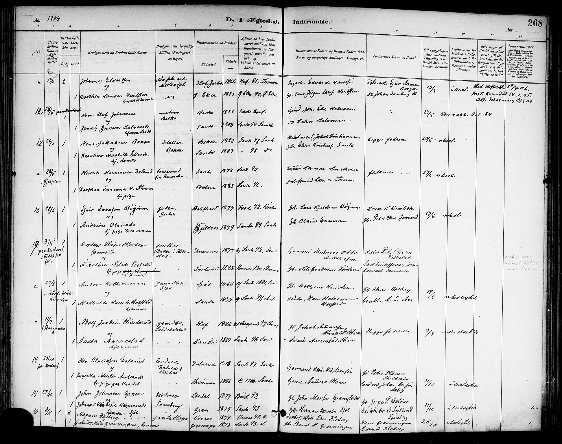 Sande Kirkebøker, AV/SAKO-A-53/G/Ga/L0004: Klokkerbok nr. 4, 1895-1918, s. 268