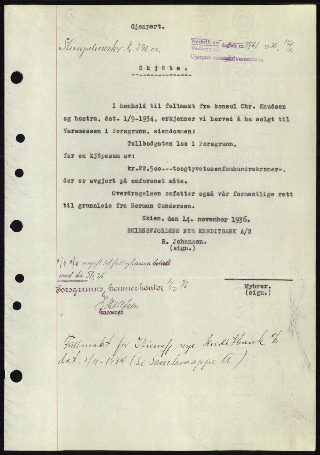 Gjerpen sorenskriveri, SAKO/A-216/G/Ga/Gae/L0067: Pantebok nr. A-66 - A-68, 1936-1937, Dagboknr: 2761/1936
