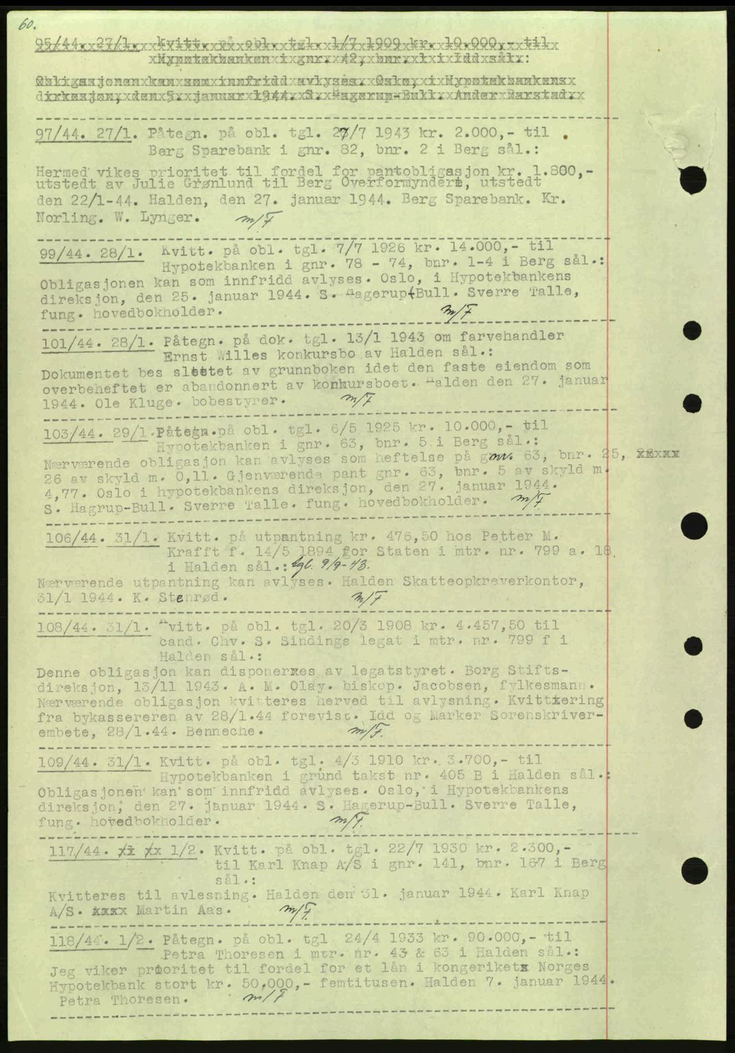 Idd og Marker sorenskriveri, AV/SAO-A-10283/G/Gb/Gbc/L0002: Pantebok nr. B4-9a, 1939-1945, Dagboknr: 97/1944