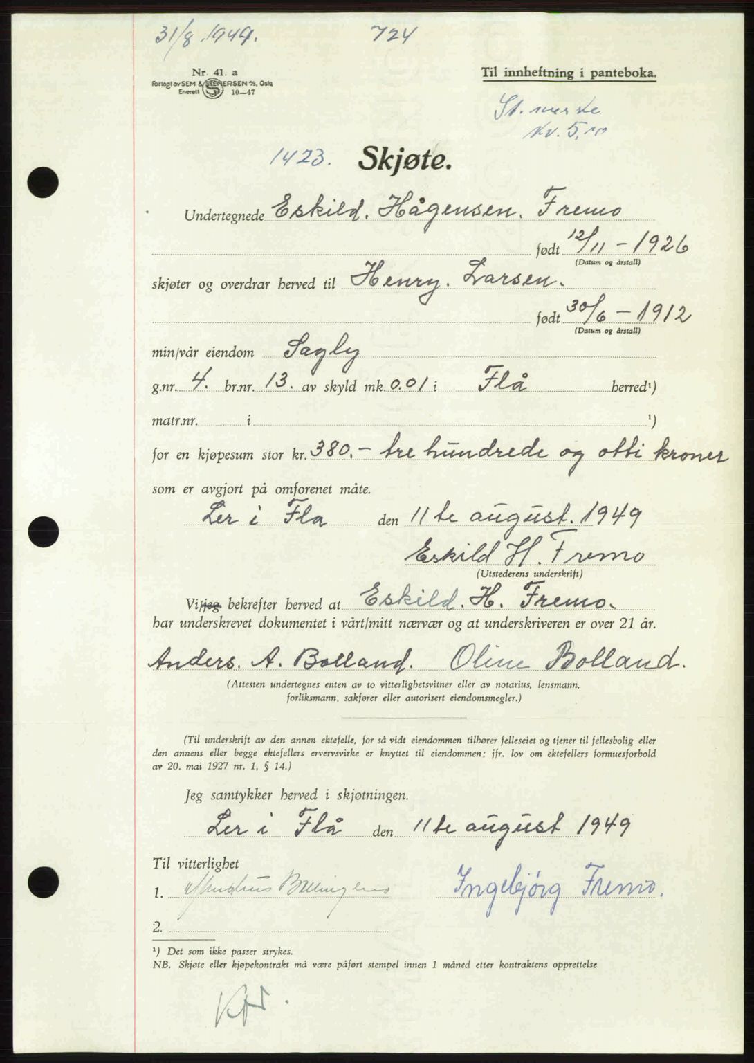 Gauldal sorenskriveri, SAT/A-0014/1/2/2C: Pantebok nr. A8, 1949-1949, Dagboknr: 1423/1949
