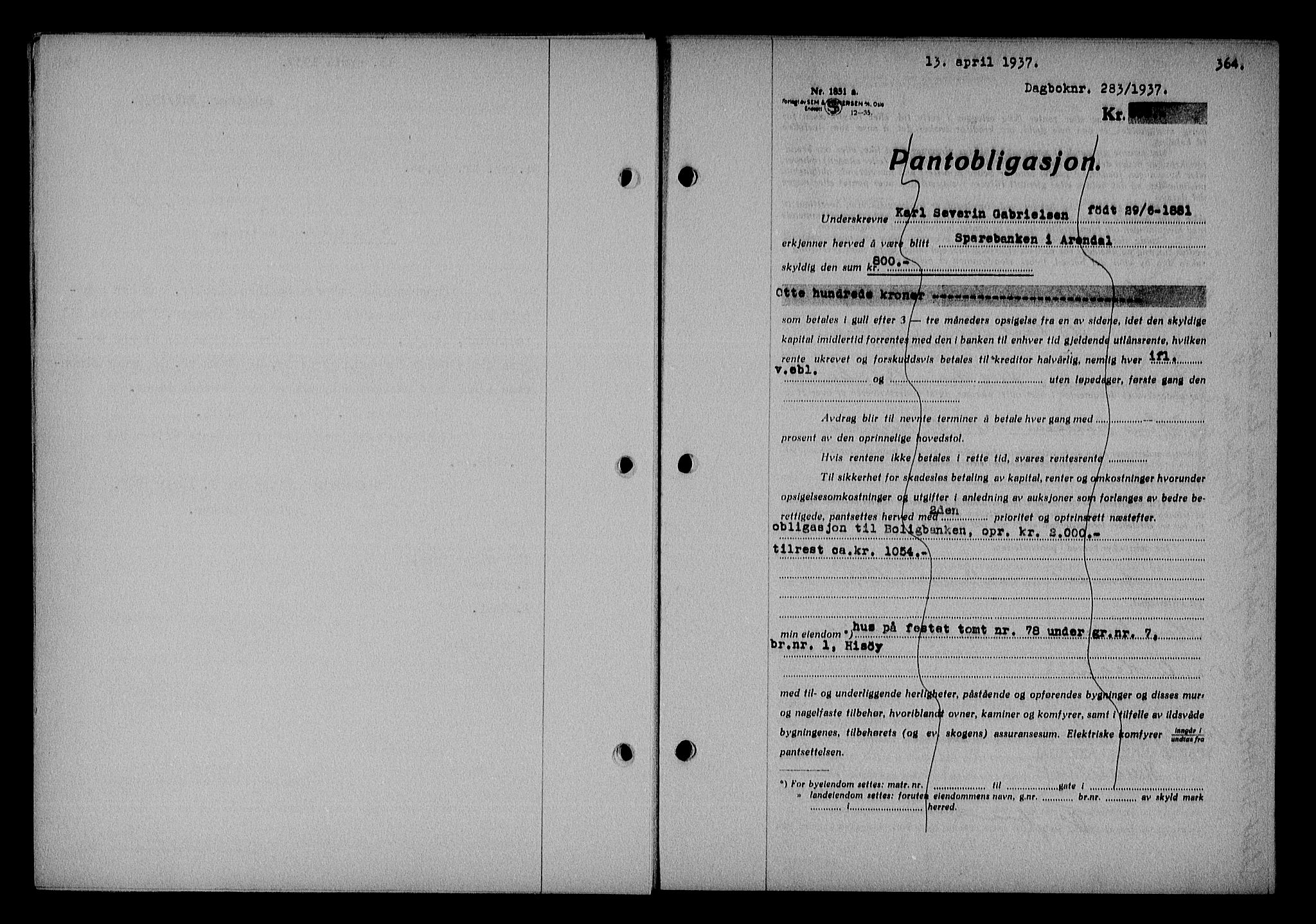 Nedenes sorenskriveri, SAK/1221-0006/G/Gb/Gba/L0043: Pantebok nr. 39, 1936-1937, Dagboknr: 283/1937