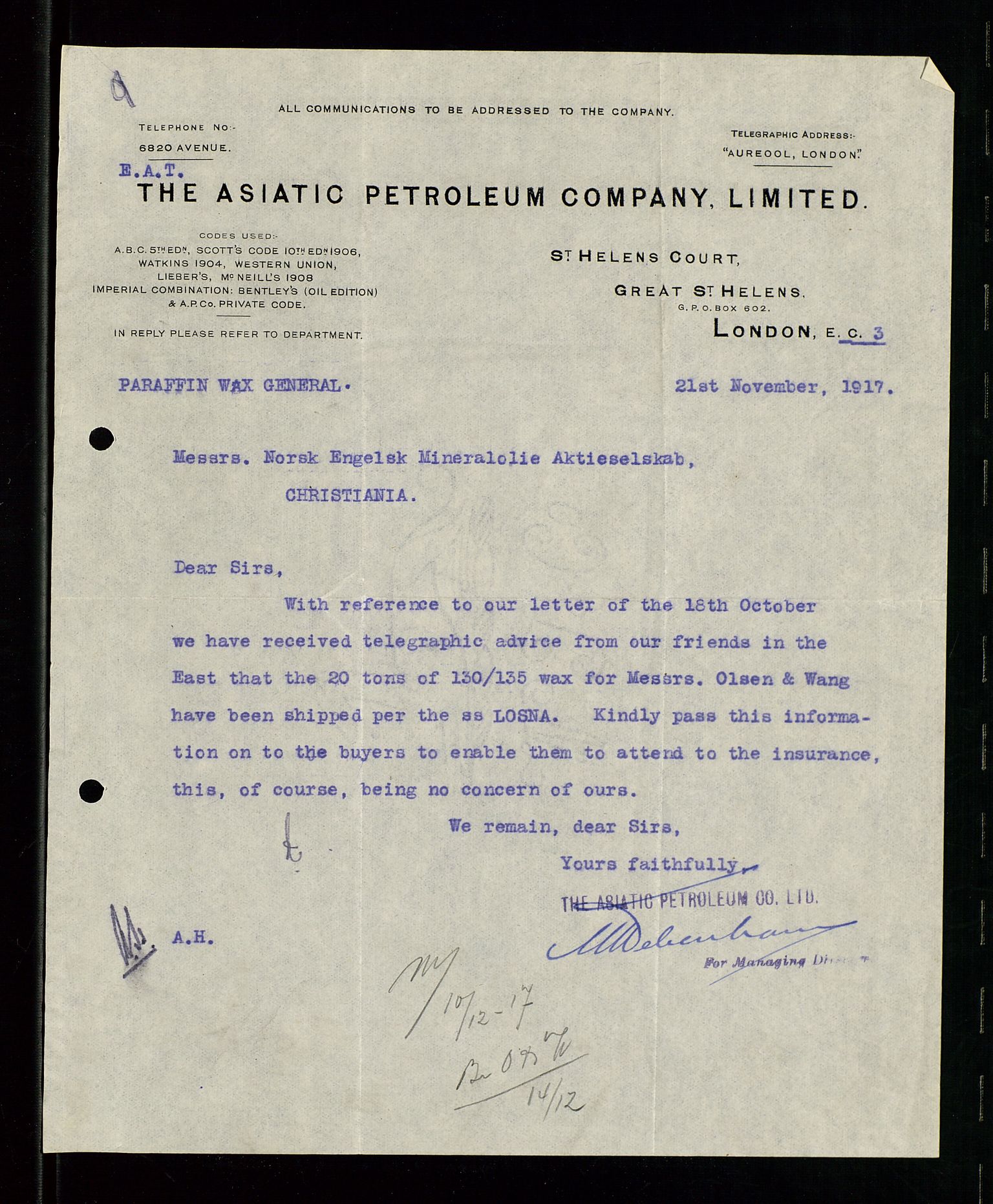 Pa 1521 - A/S Norske Shell, AV/SAST-A-101915/E/Ea/Eaa/L0001: Sjefskorrespondanse, 1917, s. 70