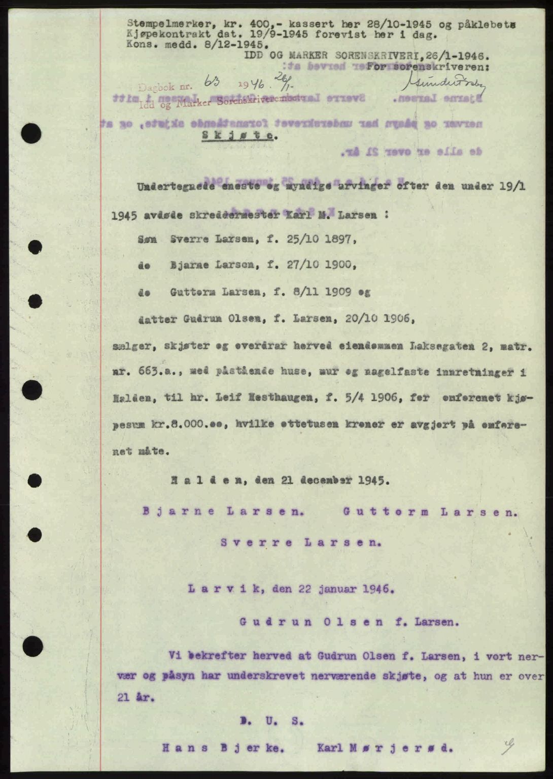 Idd og Marker sorenskriveri, SAO/A-10283/G/Gb/Gbb/L0008: Pantebok nr. A8, 1946-1946, Dagboknr: 63/1946