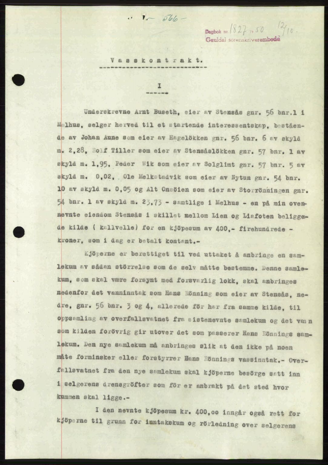 Gauldal sorenskriveri, SAT/A-0014/1/2/2C: Pantebok nr. A11, 1950-1950, Dagboknr: 1827/1950