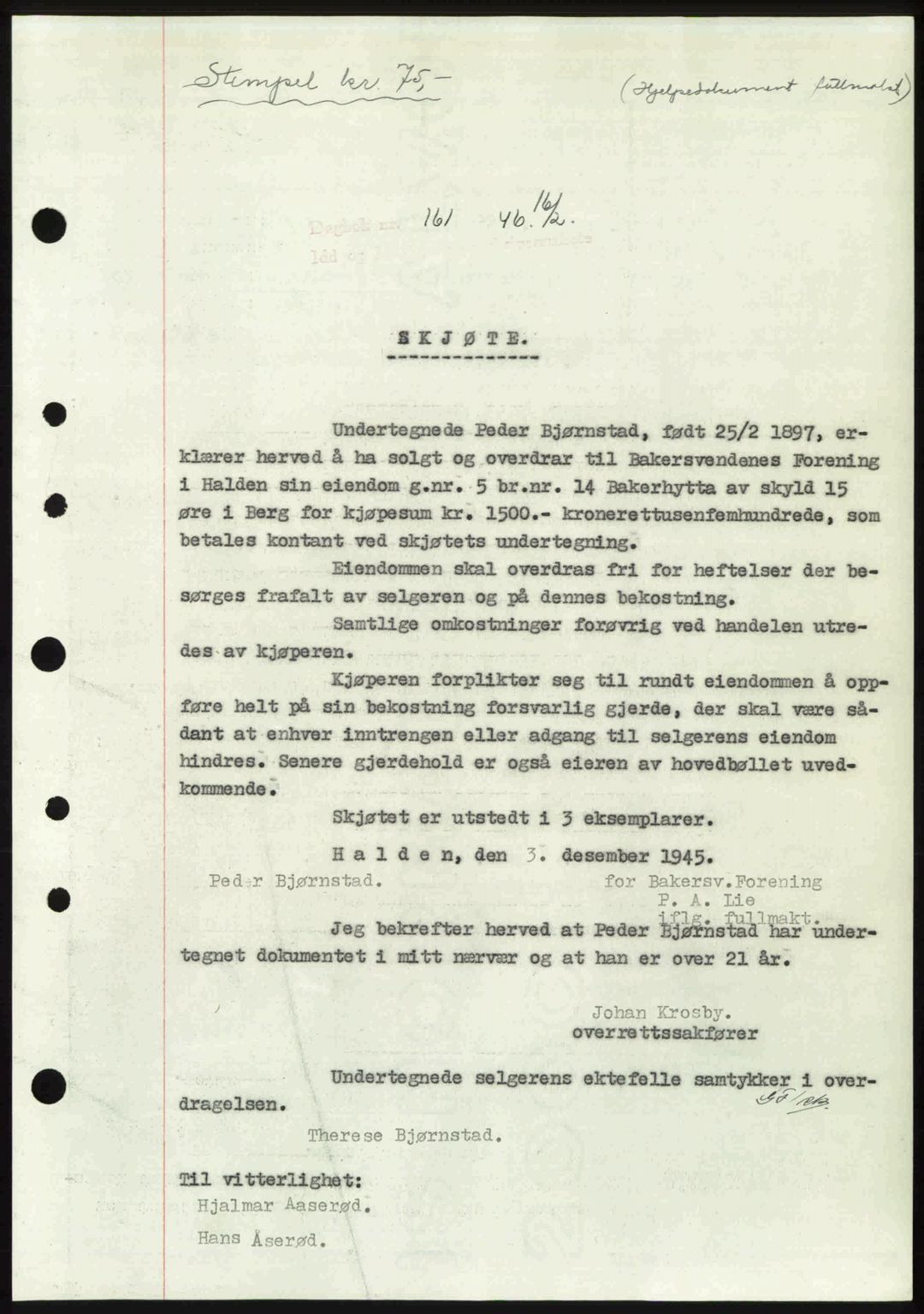Idd og Marker sorenskriveri, SAO/A-10283/G/Gb/Gbb/L0008: Pantebok nr. A8, 1946-1946, Dagboknr: 161/1946