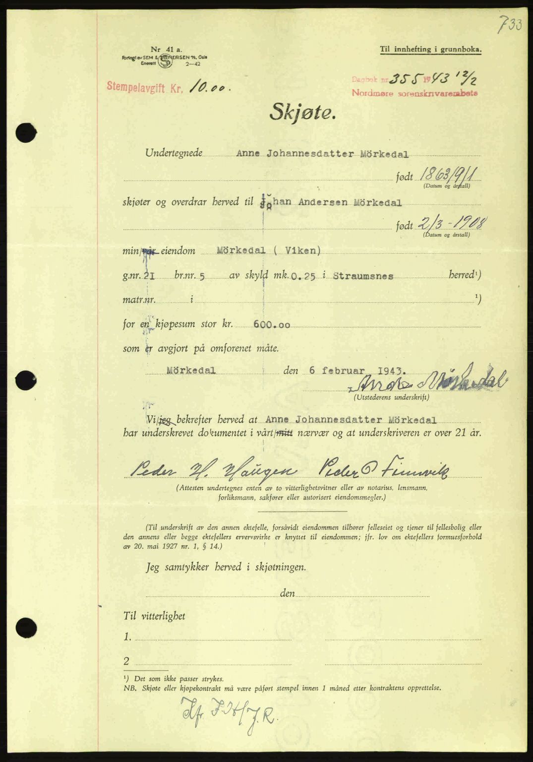 Nordmøre sorenskriveri, AV/SAT-A-4132/1/2/2Ca: Pantebok nr. A94, 1942-1943, Dagboknr: 355/1943