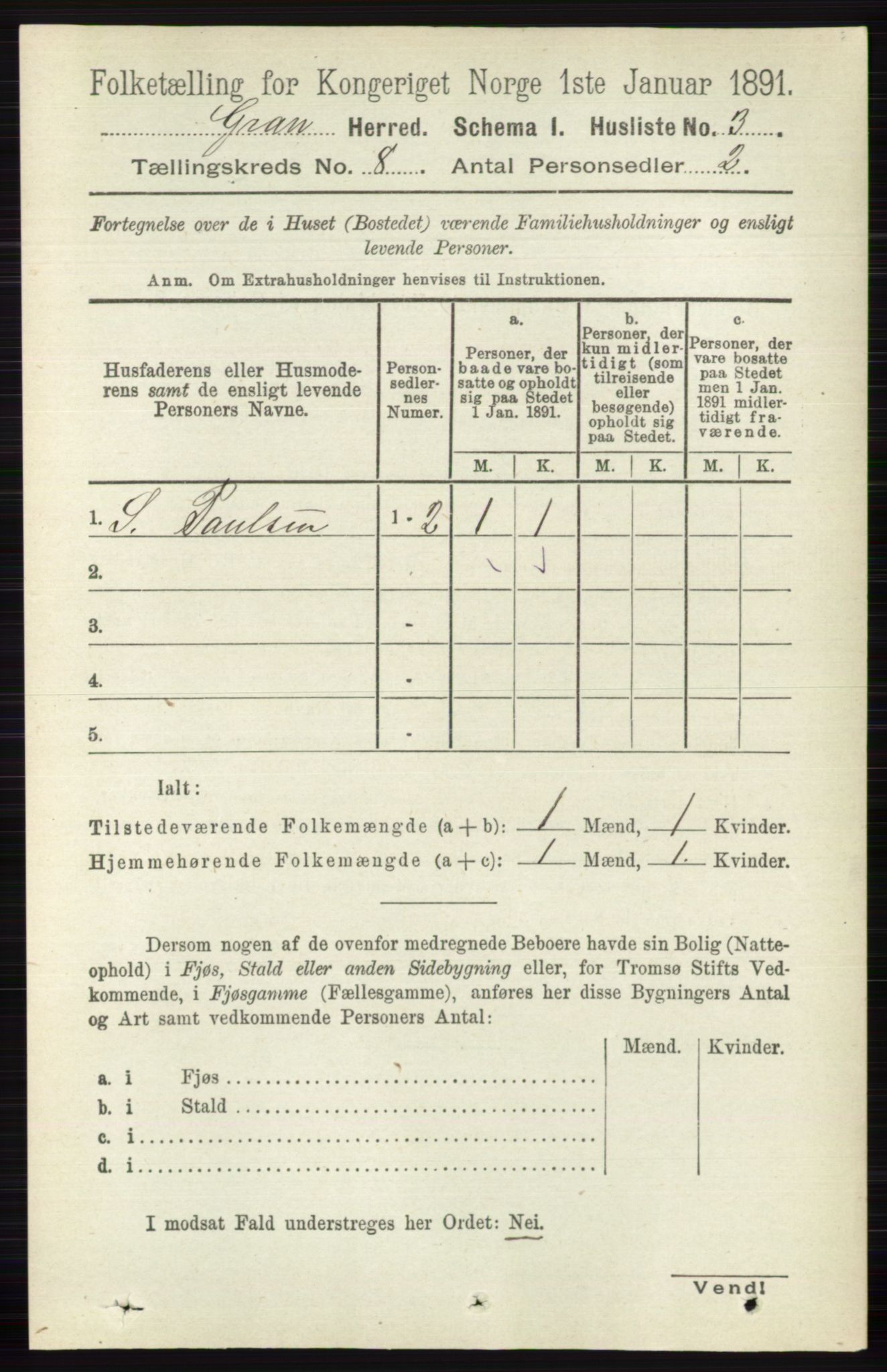 RA, Folketelling 1891 for 0534 Gran herred, 1891, s. 3232