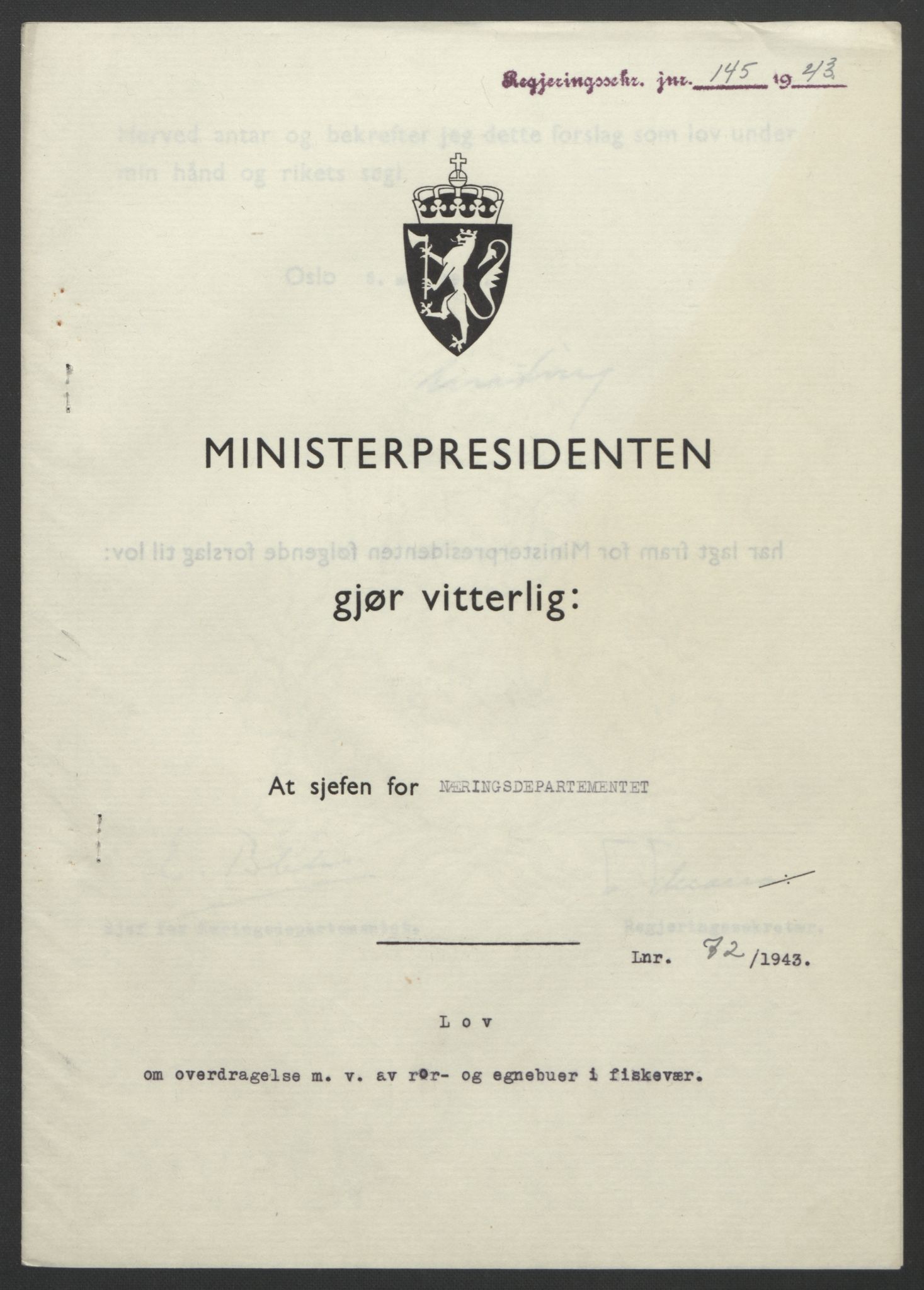 NS-administrasjonen 1940-1945 (Statsrådsekretariatet, de kommisariske statsråder mm), AV/RA-S-4279/D/Db/L0099: Lover, 1943, s. 328