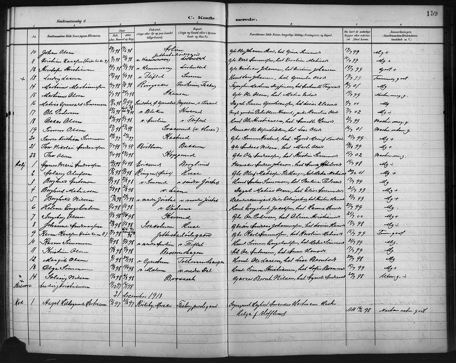Fåberg prestekontor, AV/SAH-PREST-086/H/Ha/Hab/L0011: Klokkerbok nr. 11, 1901-1921, s. 159