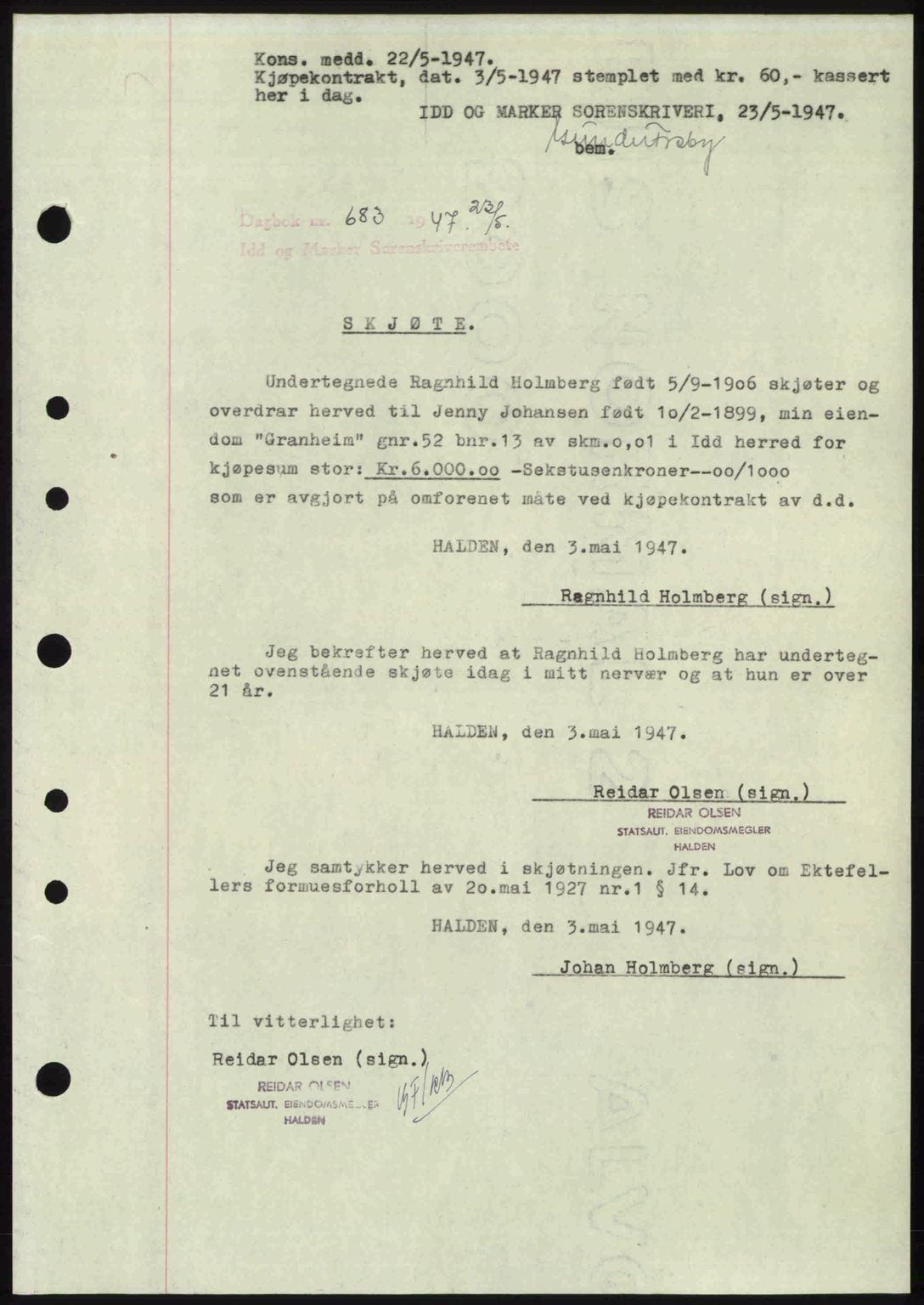 Idd og Marker sorenskriveri, SAO/A-10283/G/Gb/Gbb/L0009: Pantebok nr. A9, 1946-1947, Dagboknr: 683/1947