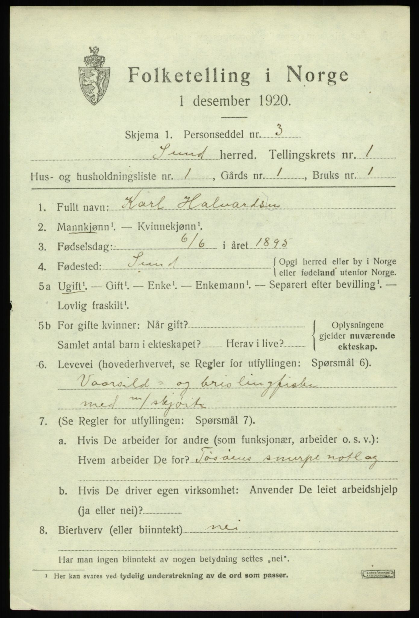 SAB, Folketelling 1920 for 1245 Sund herred, 1920, s. 923