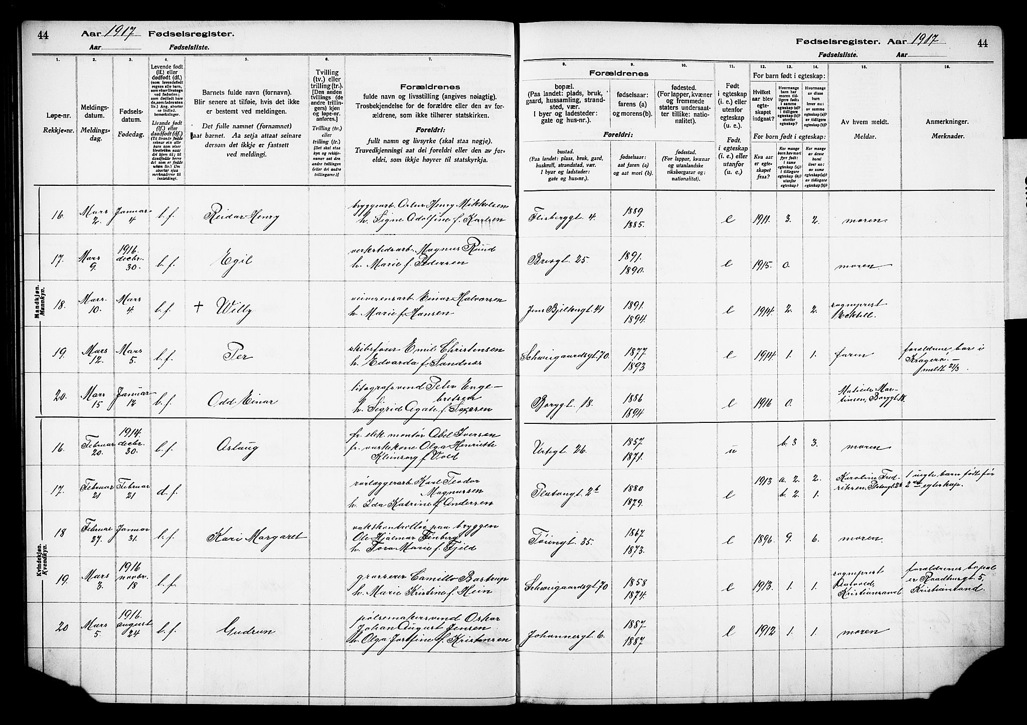 Grønland prestekontor Kirkebøker, AV/SAO-A-10848/J/Ja/L0001: Fødselsregister nr. 1, 1916-1922, s. 44