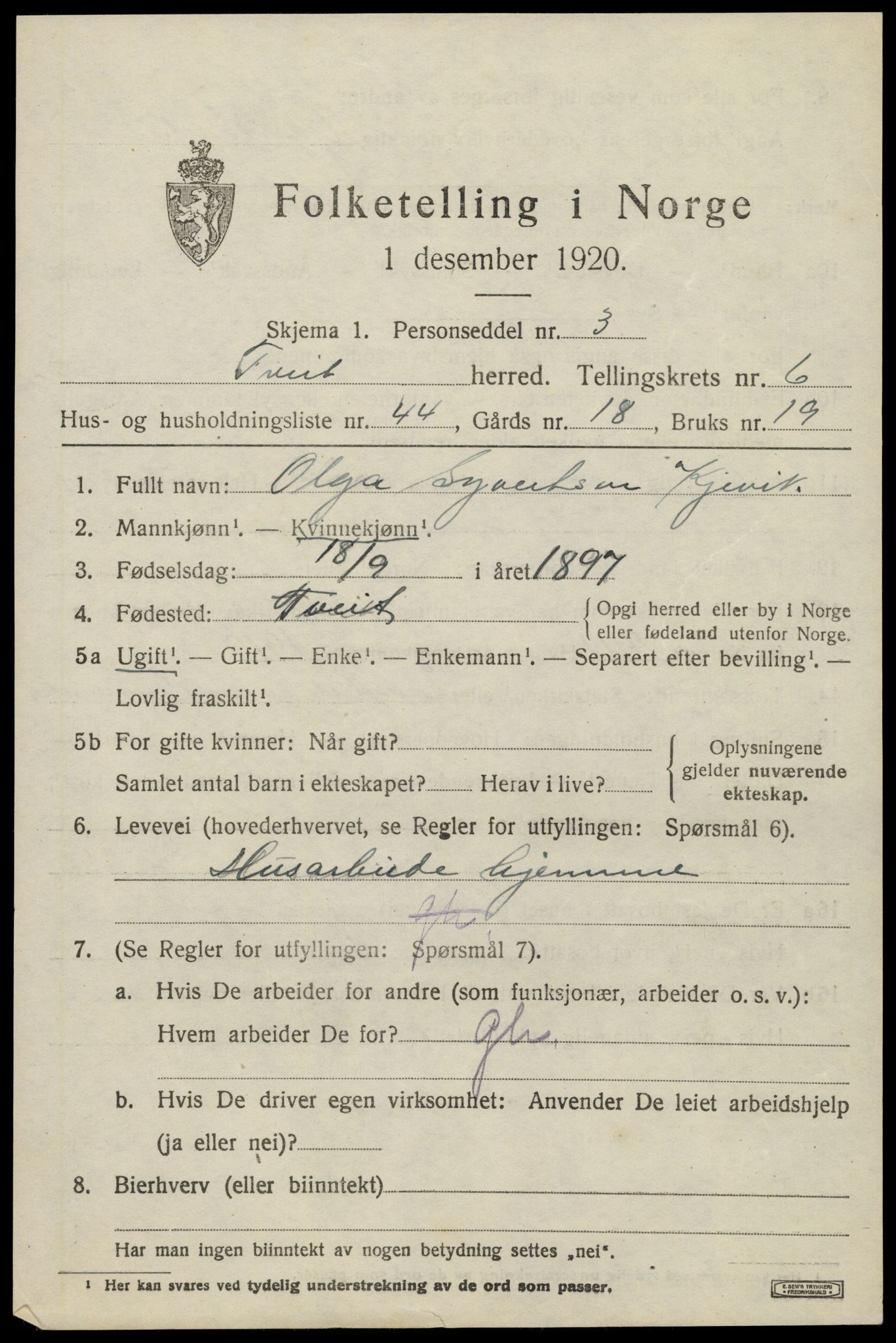 SAK, Folketelling 1920 for 1013 Tveit herred, 1920, s. 3184