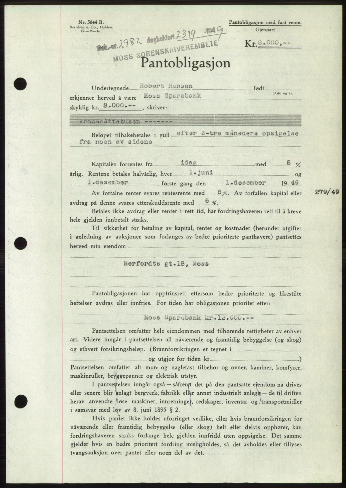 Moss sorenskriveri, SAO/A-10168: Pantebok nr. B22, 1949-1949, Dagboknr: 2982/1949