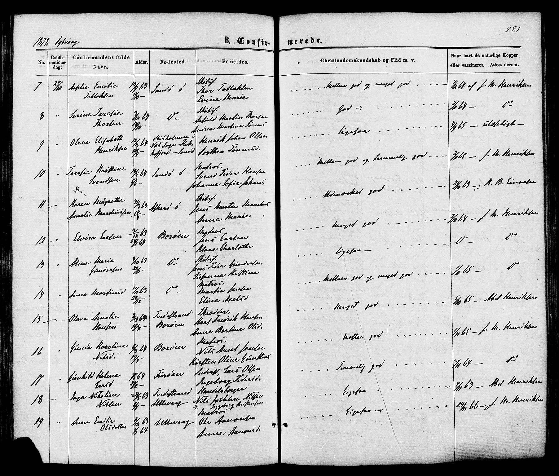 Dypvåg sokneprestkontor, AV/SAK-1111-0007/F/Fa/Faa/L0007: Ministerialbok nr. A 7/ 1, 1872-1884, s. 281