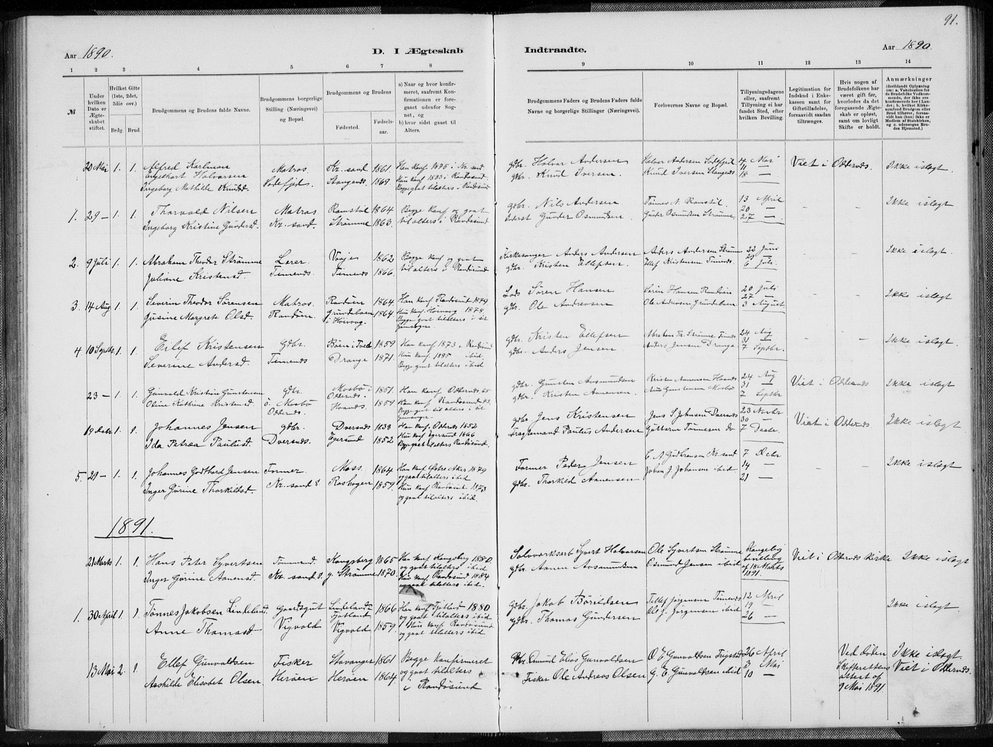 Oddernes sokneprestkontor, SAK/1111-0033/F/Fa/Fab/L0002: Ministerialbok nr. A 2, 1884-1903, s. 91