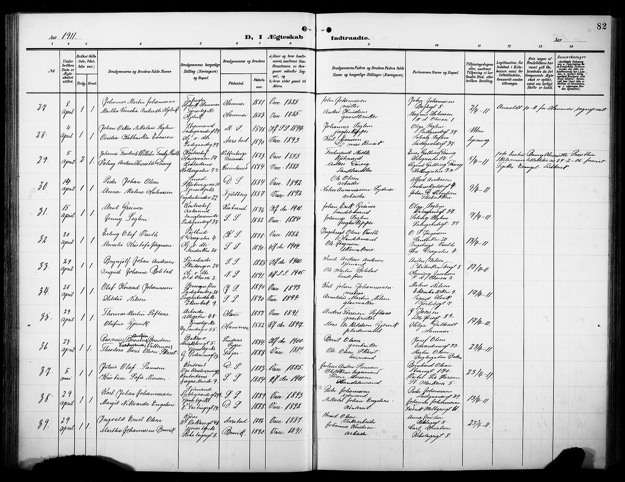 Sandviken Sokneprestembete, AV/SAB-A-77601/H/Hb/L0014: Klokkerbok nr. D 1, 1902-1929, s. 82
