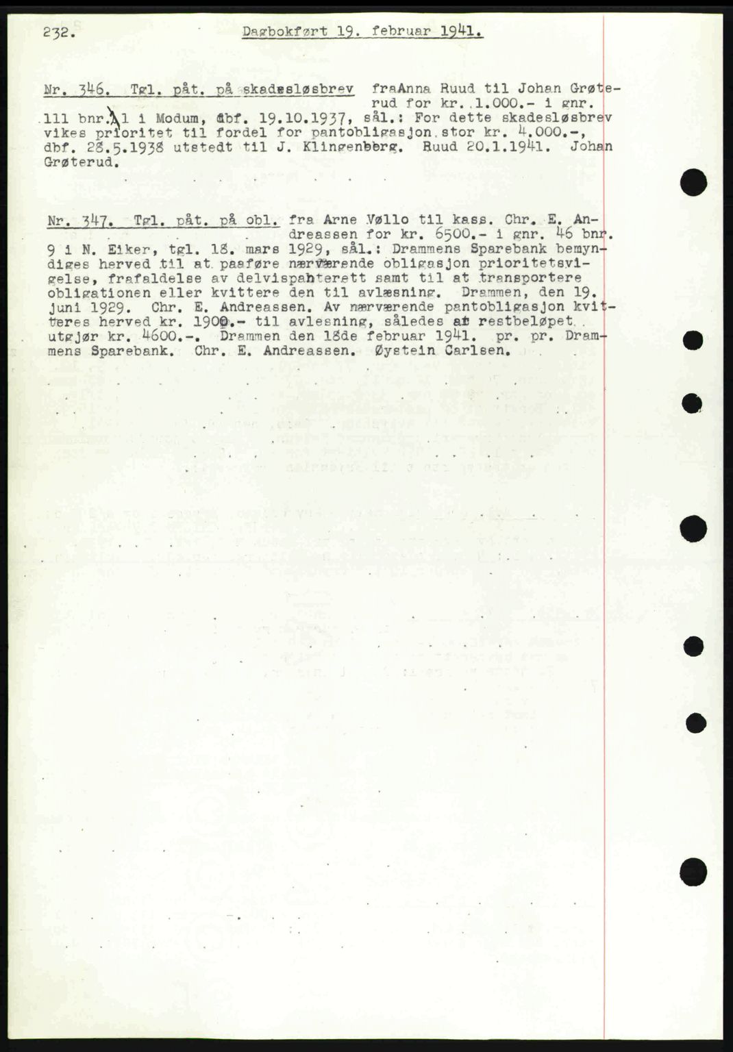Eiker, Modum og Sigdal sorenskriveri, SAKO/A-123/G/Ga/Gab/L0043: Pantebok nr. A13, 1940-1941, Dagboknr: 346/1941
