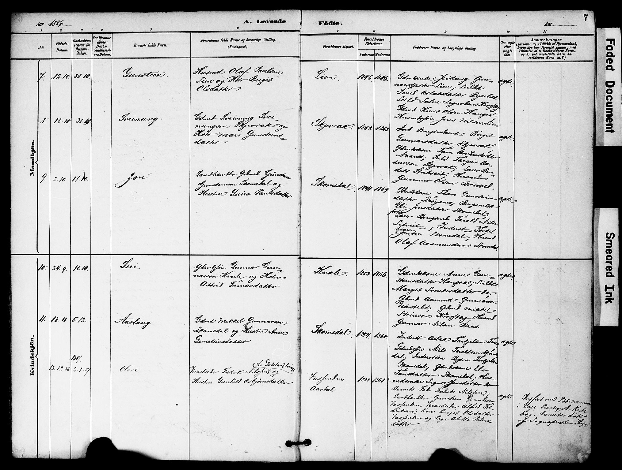 Bygland sokneprestkontor, AV/SAK-1111-0006/F/Fa/Fab/L0007: Ministerialbok nr. A 7, 1885-1909, s. 7