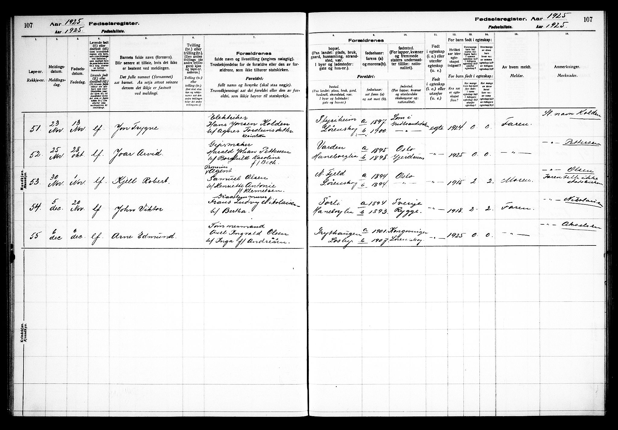 Skedsmo prestekontor Kirkebøker, AV/SAO-A-10033a/J/Jb/L0001: Fødselsregister nr. II 1, 1916-1932, s. 107