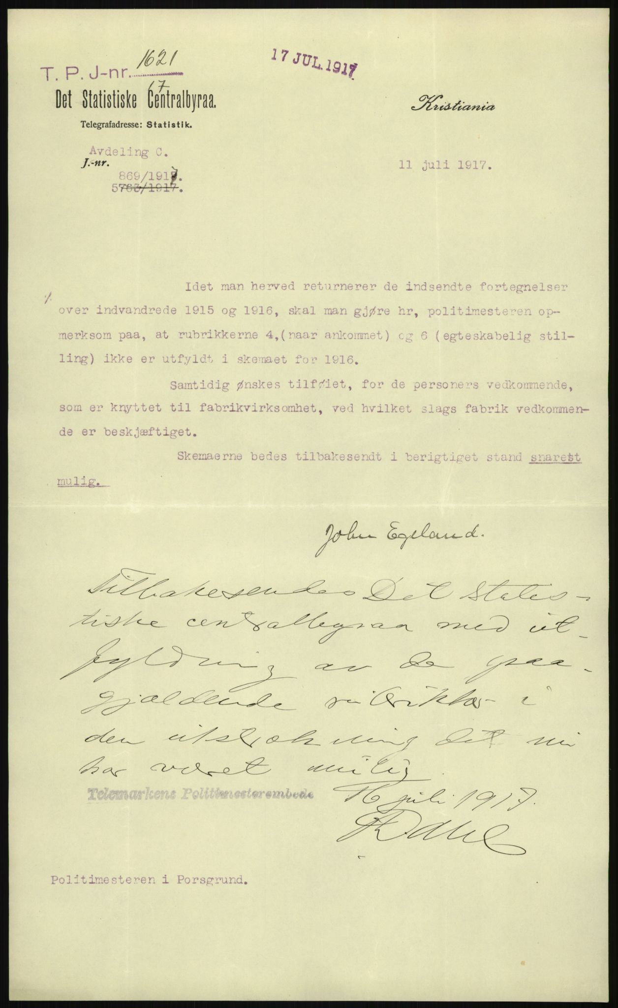 Statistisk sentralbyrå, Sosioøkonomiske emner, Folketellinger, boliger og boforhold, AV/RA-S-2231/F/Fa/L0002: Innvandring. Navn/fylkesvis, 1916, s. 7
