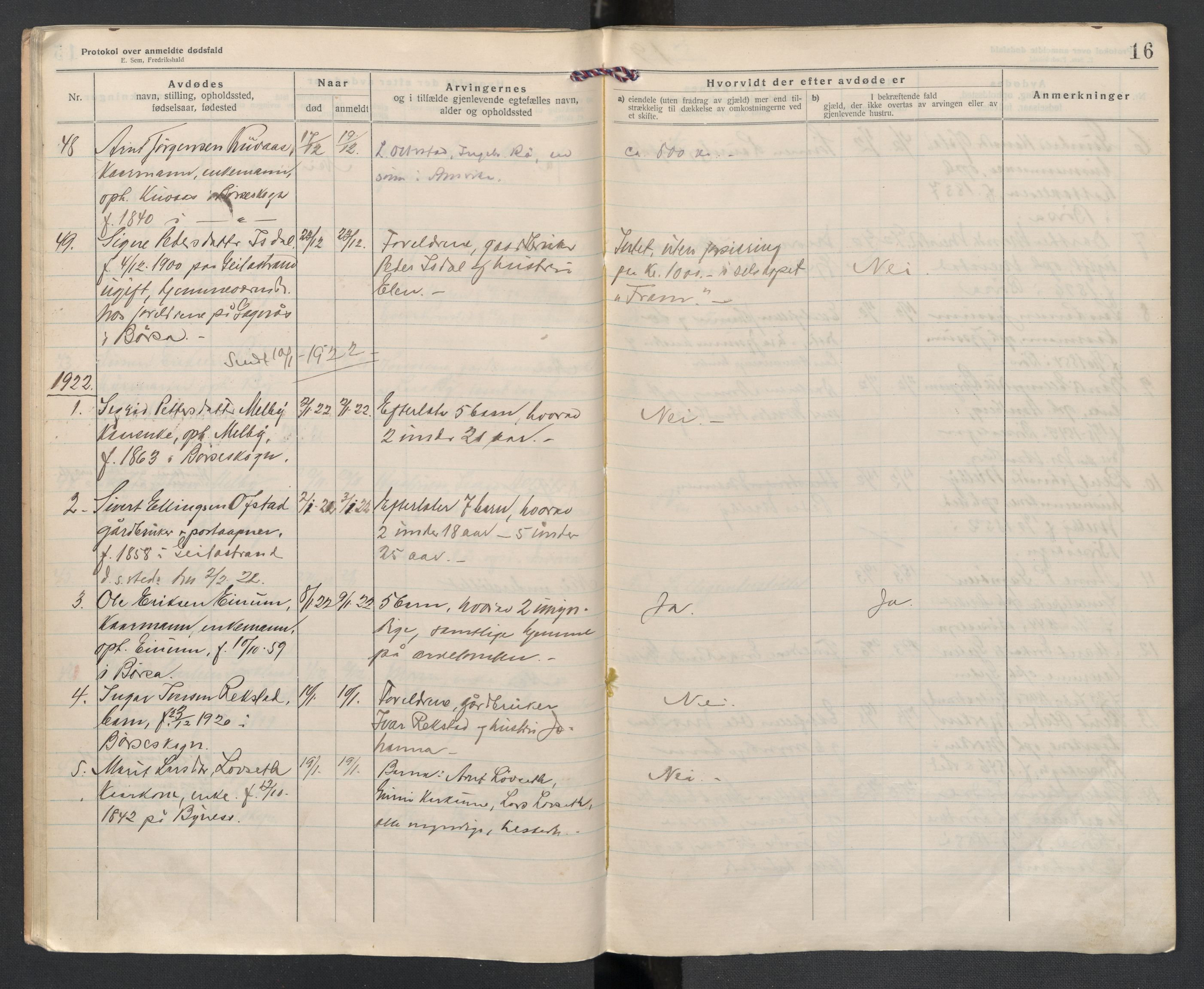 Børsa og Skaun lensmannskontor, SAT/A-5888/02/L0004: 2.01.04 Dødsfallsprotokoll, 1920-1924, s. 16