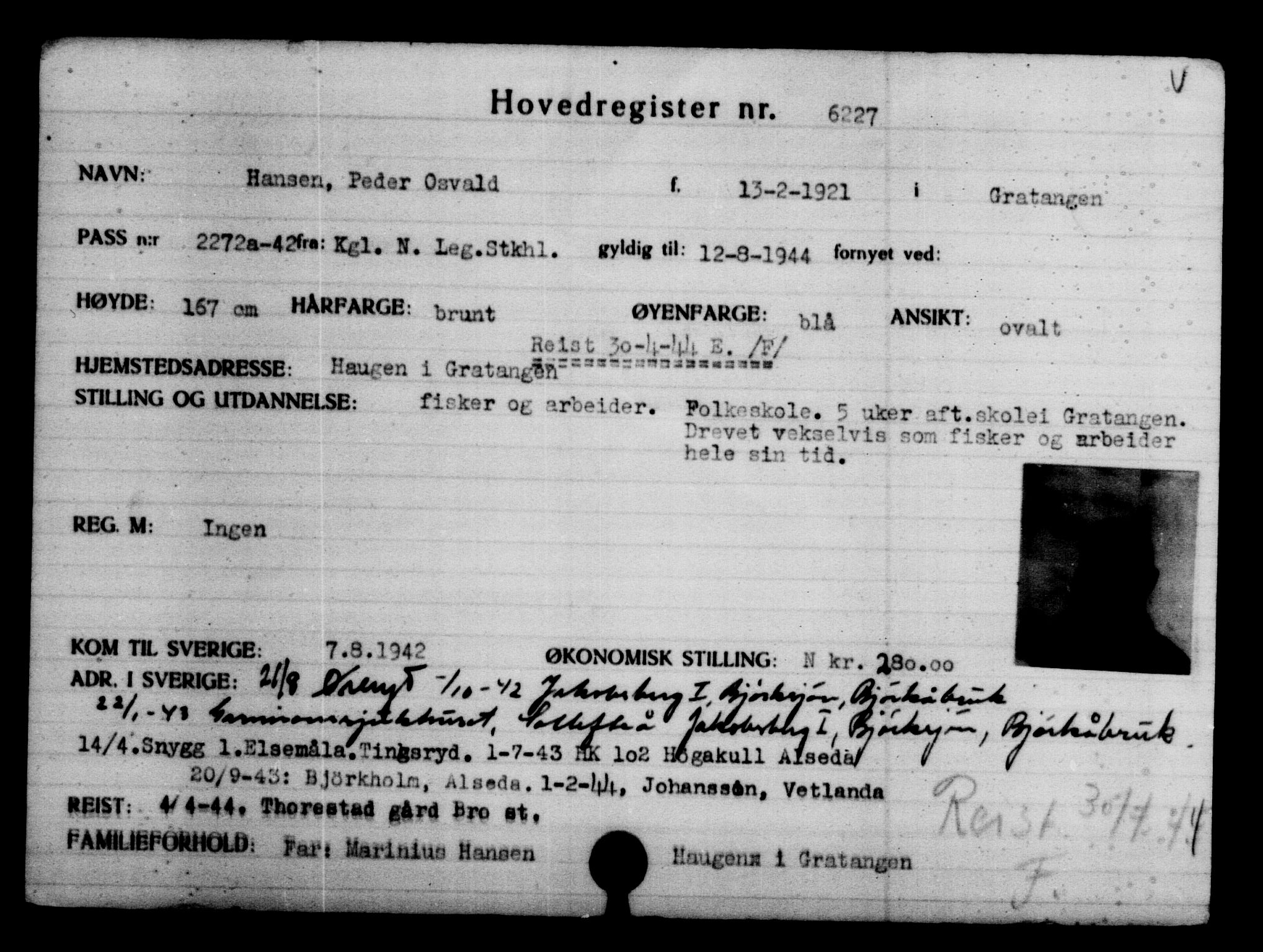 Utenriksstasjonene, Legasjonen i Stockholm, Flyktningkontoret, AV/RA-S-6753/V/Va/L0004: Kjesäterkartoteket, flyktninger med registreringsnr. 3496-6610, 1940-1945, s. 3214