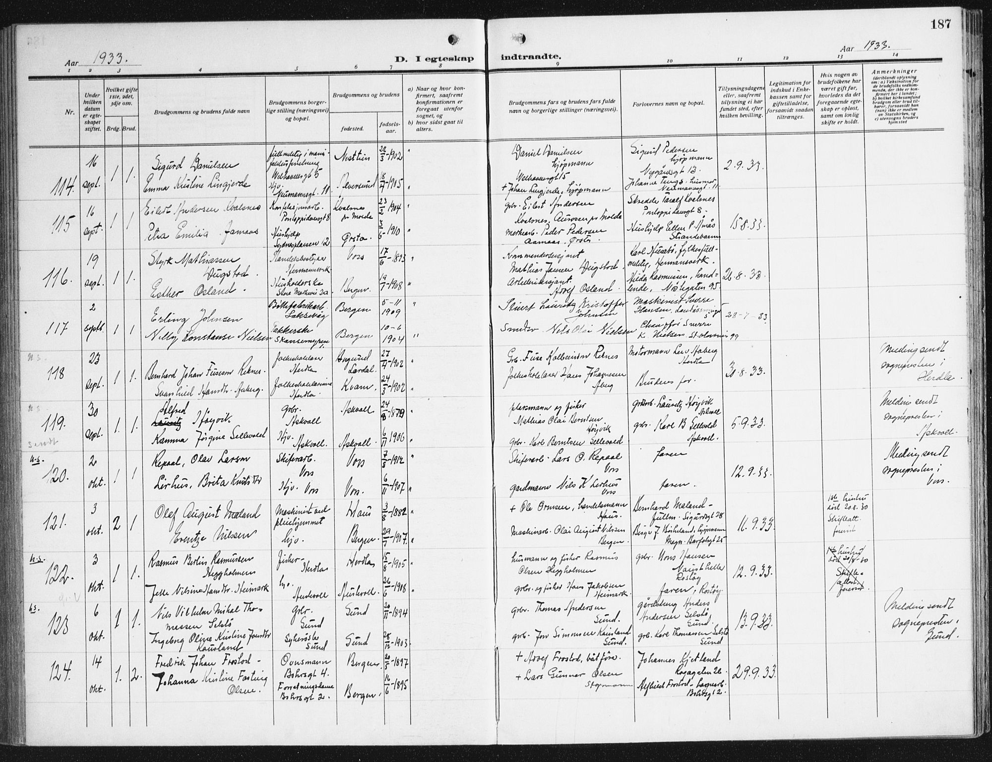 Domkirken sokneprestembete, AV/SAB-A-74801/H/Haa/L0039: Ministerialbok nr. D 6, 1921-1937, s. 187