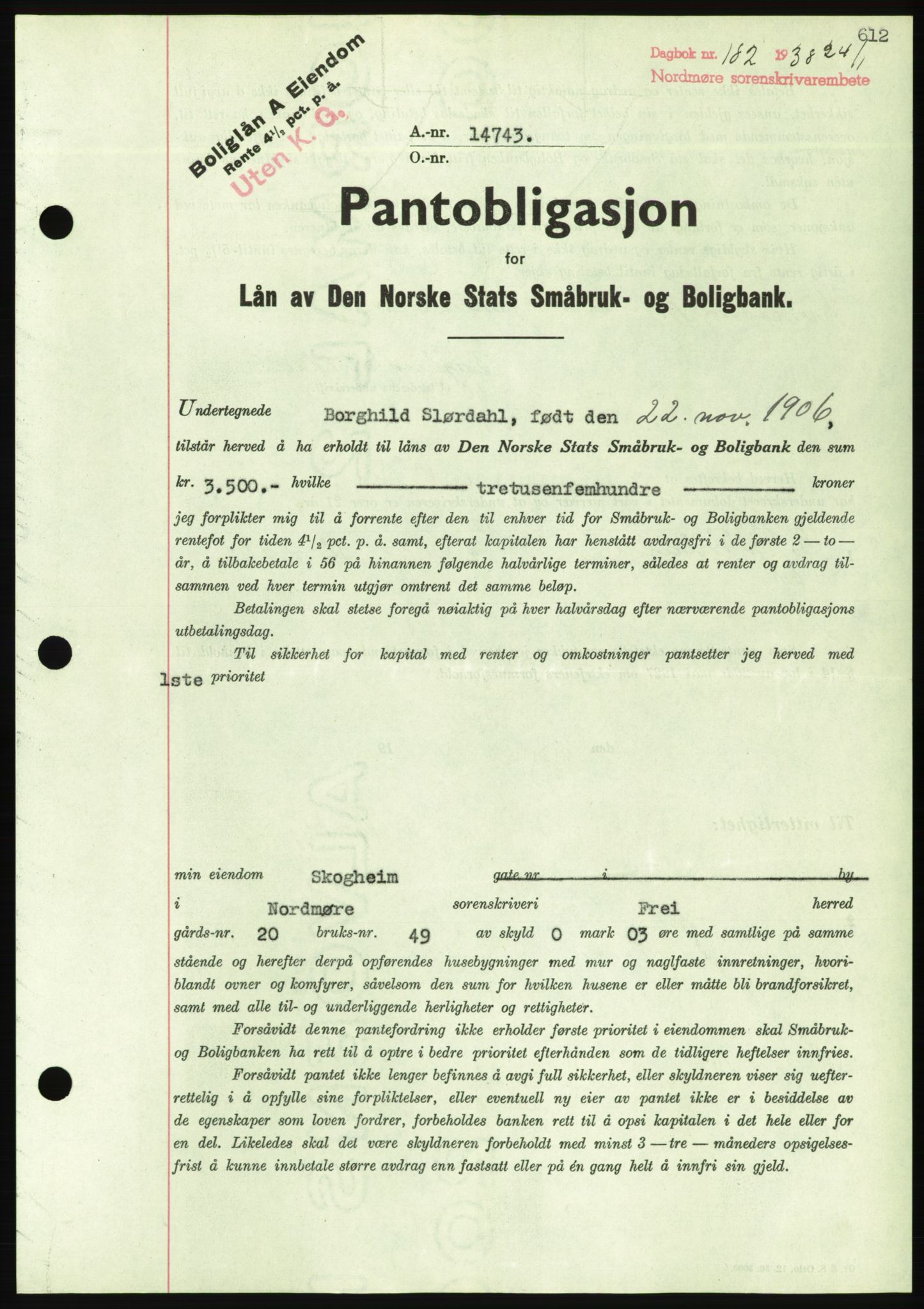 Nordmøre sorenskriveri, AV/SAT-A-4132/1/2/2Ca/L0092: Pantebok nr. B82, 1937-1938, Dagboknr: 182/1938