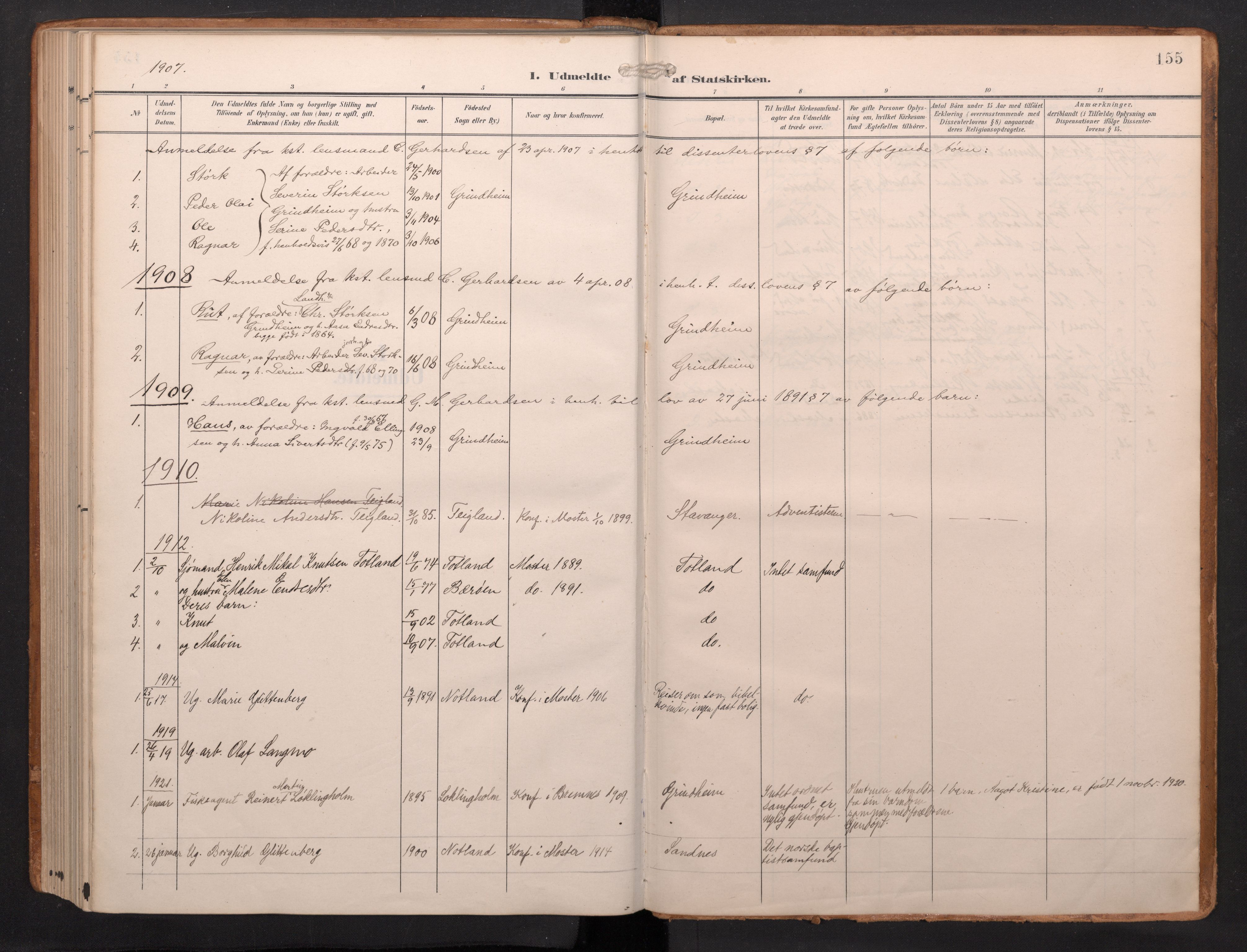 Finnås sokneprestembete, AV/SAB-A-99925/H/Ha/Haa/Haab/L0003: Ministerialbok nr. B 3, 1907-1923, s. 155