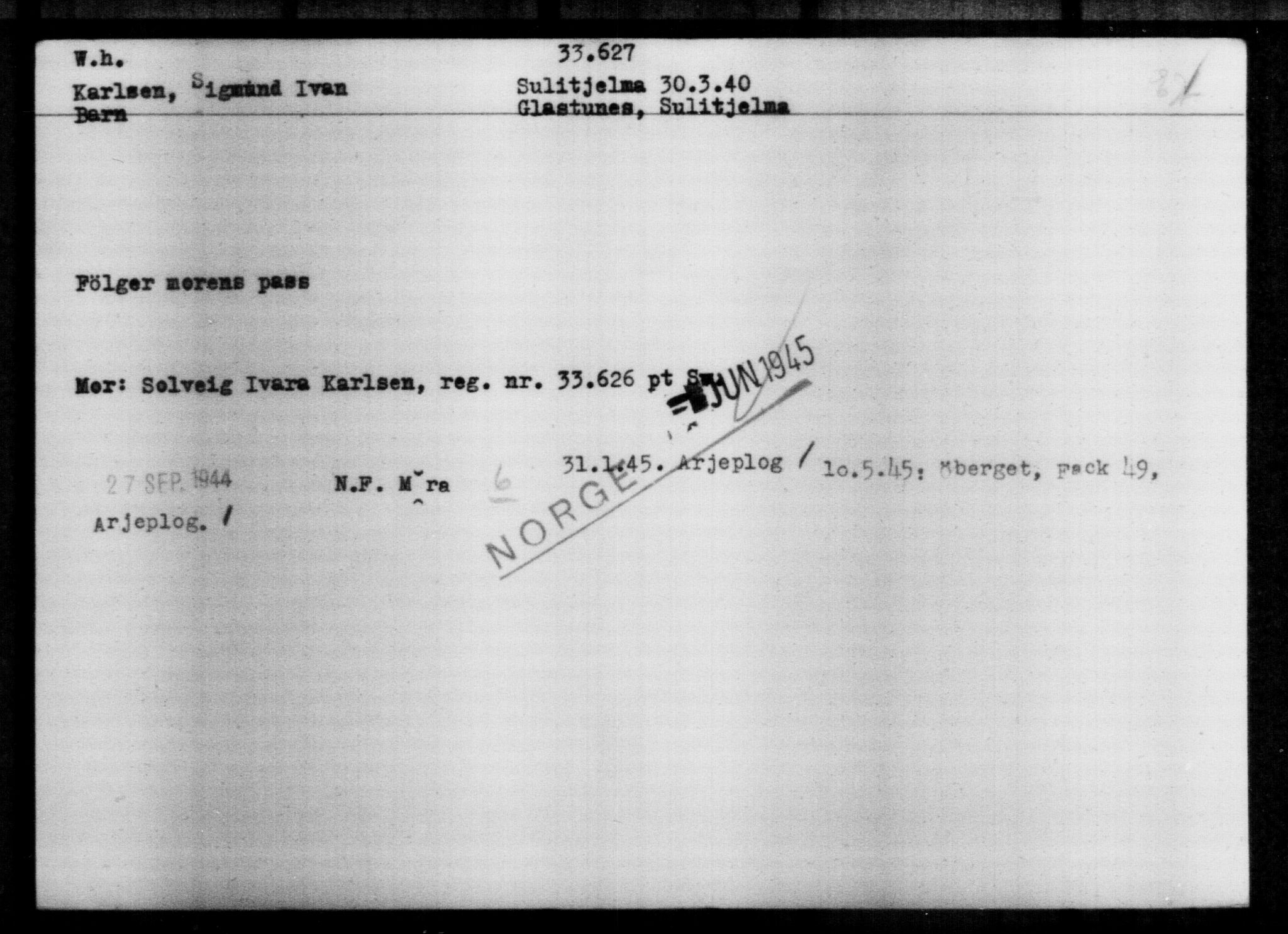 Utenriksstasjonene, Legasjonen i Stockholm, Flyktningkontoret, AV/RA-S-6753/V/Va/L0013: Kjesäterkartoteket, flyktninger med registreringsnr. 31500-34731, 1940-1945, s. 2245