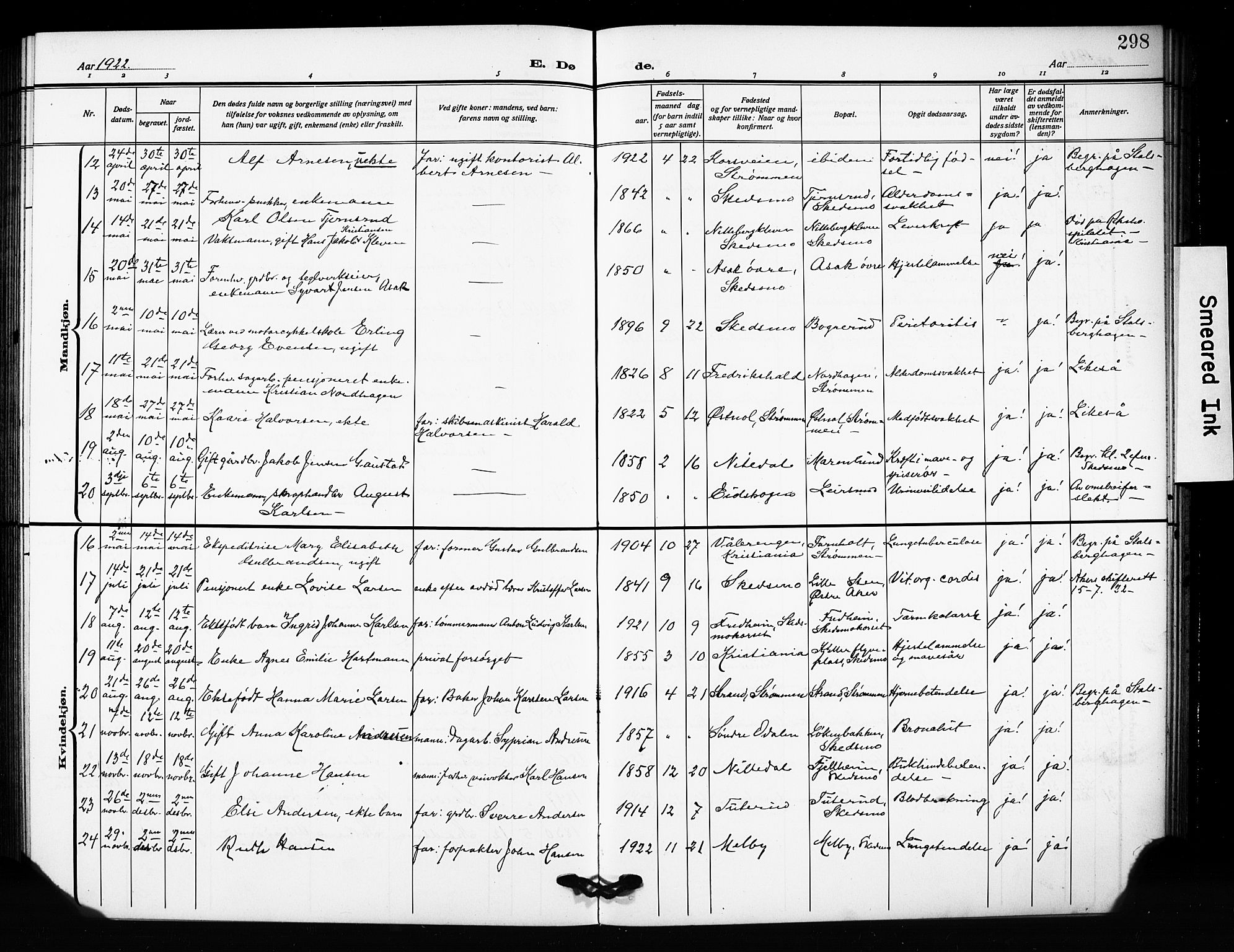 Skedsmo prestekontor Kirkebøker, AV/SAO-A-10033a/G/Ga/L0006: Klokkerbok nr. I 6, 1912-1926, s. 298
