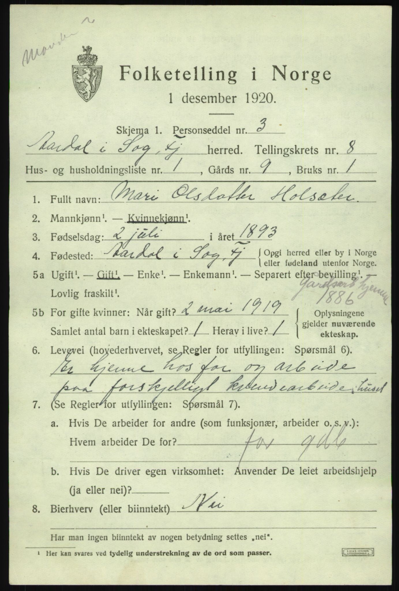 SAB, Folketelling 1920 for 1424 Årdal herred, 1920, s. 3491