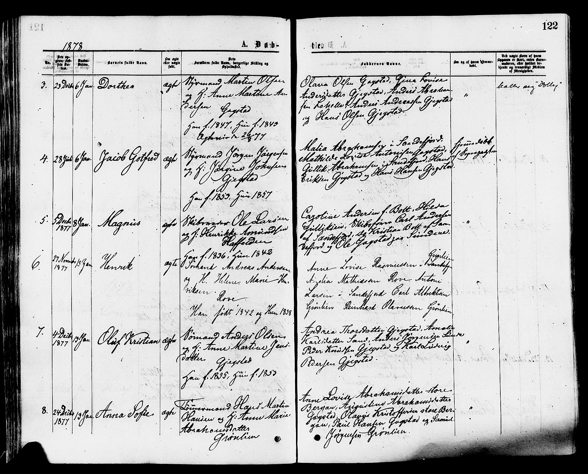 Sandar kirkebøker, AV/SAKO-A-243/F/Fa/L0010: Ministerialbok nr. 10, 1872-1882, s. 122