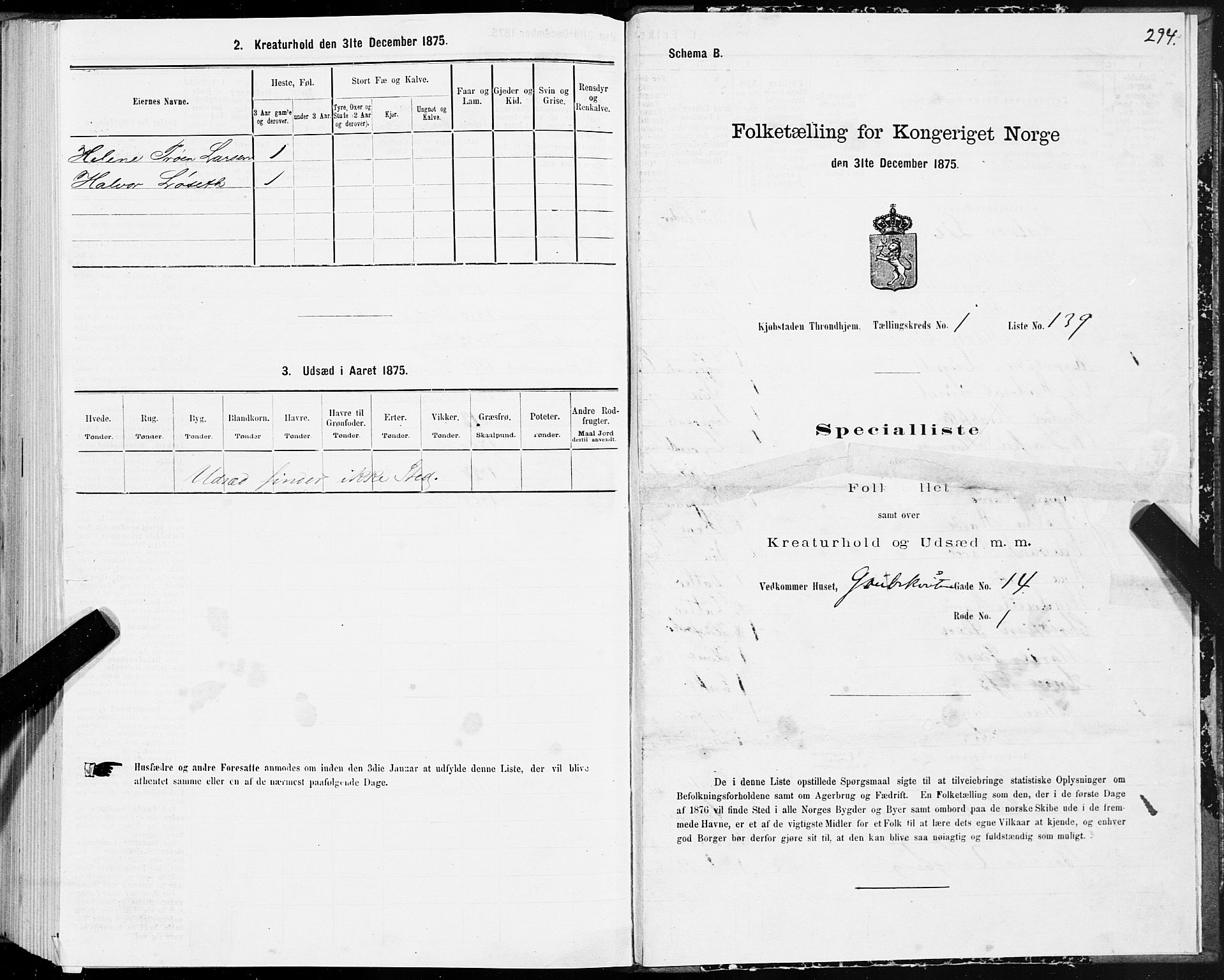 SAT, Folketelling 1875 for 1601 Trondheim kjøpstad, 1875, s. 1294