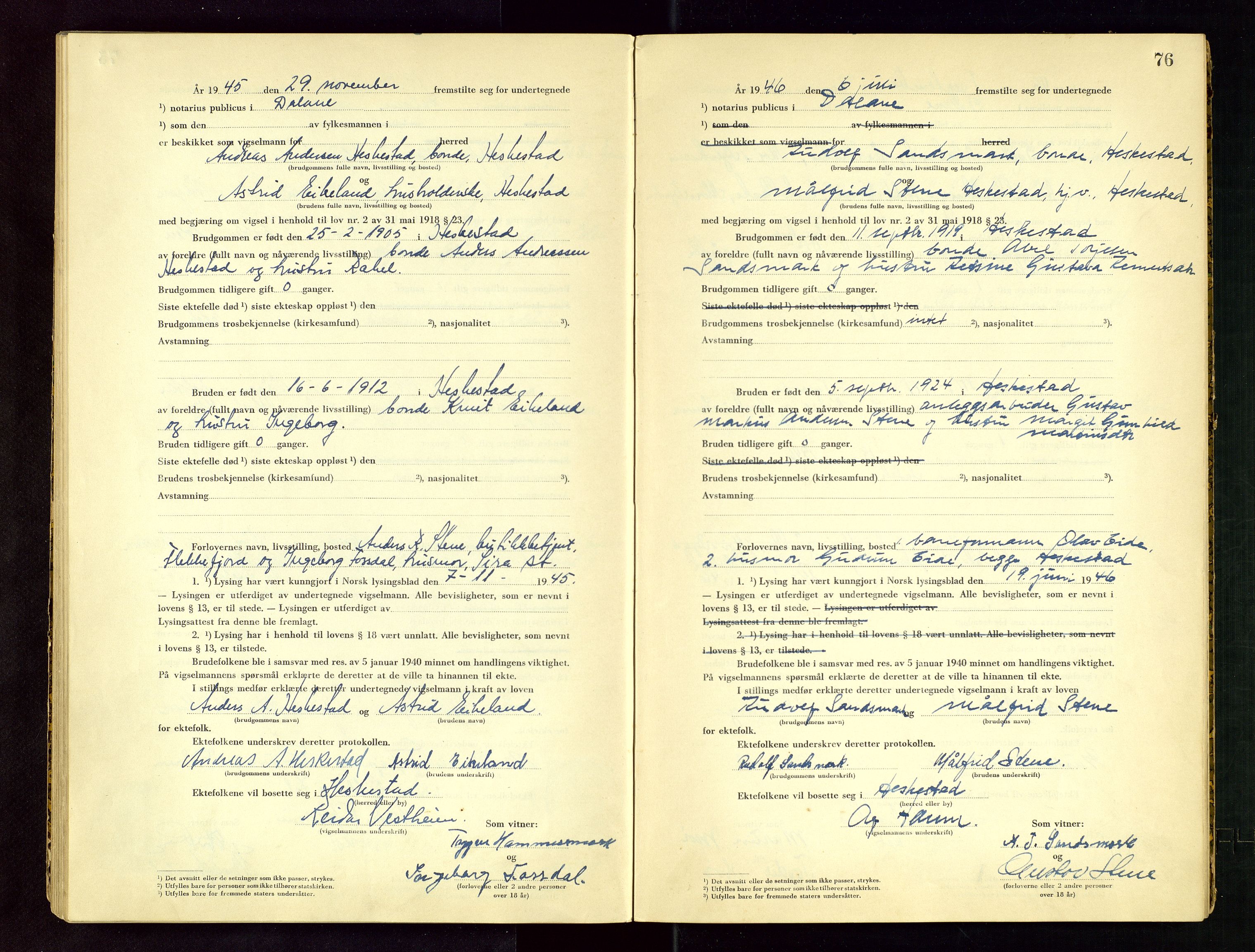 Dalane sorenskriveri, AV/SAST-A-100309/03/I/L0003/0002: Vigselbøker / Vigselbok, 1943-1958, s. 76
