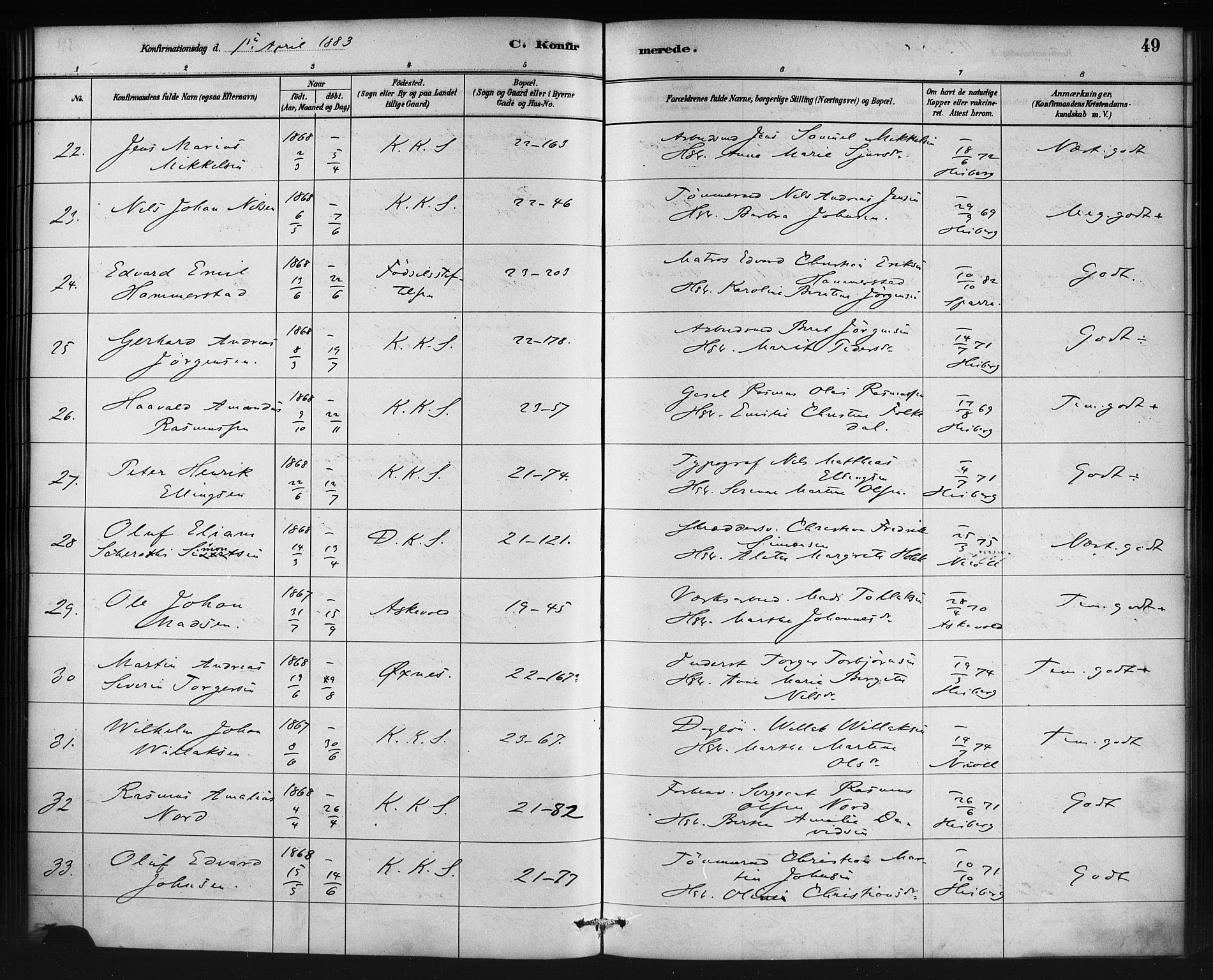 Korskirken sokneprestembete, AV/SAB-A-76101/H/Haa/L0029: Ministerialbok nr. C 5, 1880-1892, s. 49