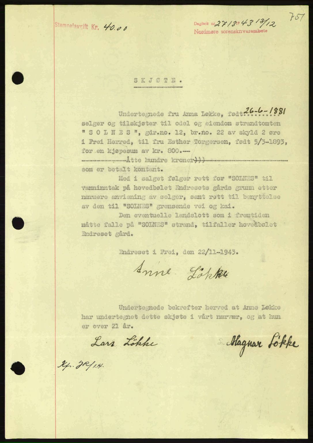 Nordmøre sorenskriveri, SAT/A-4132/1/2/2Ca: Pantebok nr. A96, 1943-1944, Dagboknr: 2713/1943