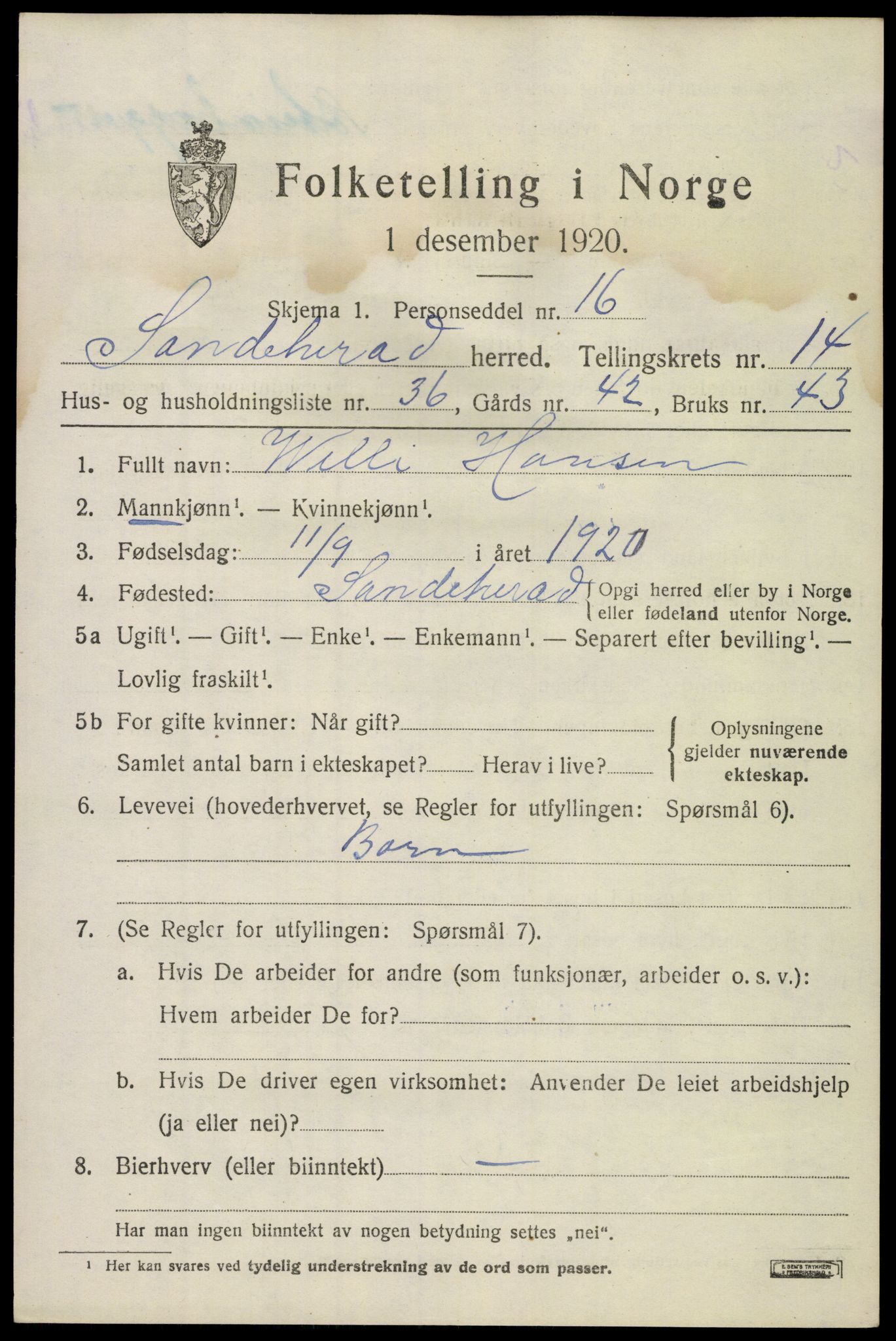 SAKO, Folketelling 1920 for 0724 Sandeherred herred, 1920, s. 20678