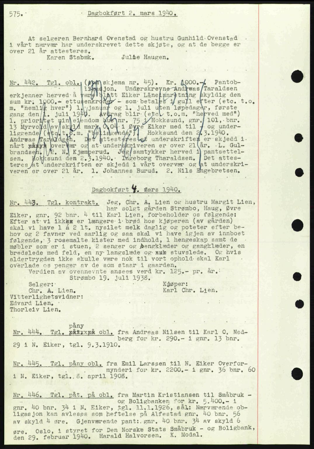 Eiker, Modum og Sigdal sorenskriveri, SAKO/A-123/G/Ga/Gab/L0041: Pantebok nr. A11, 1939-1940, Dagboknr: 442/1940