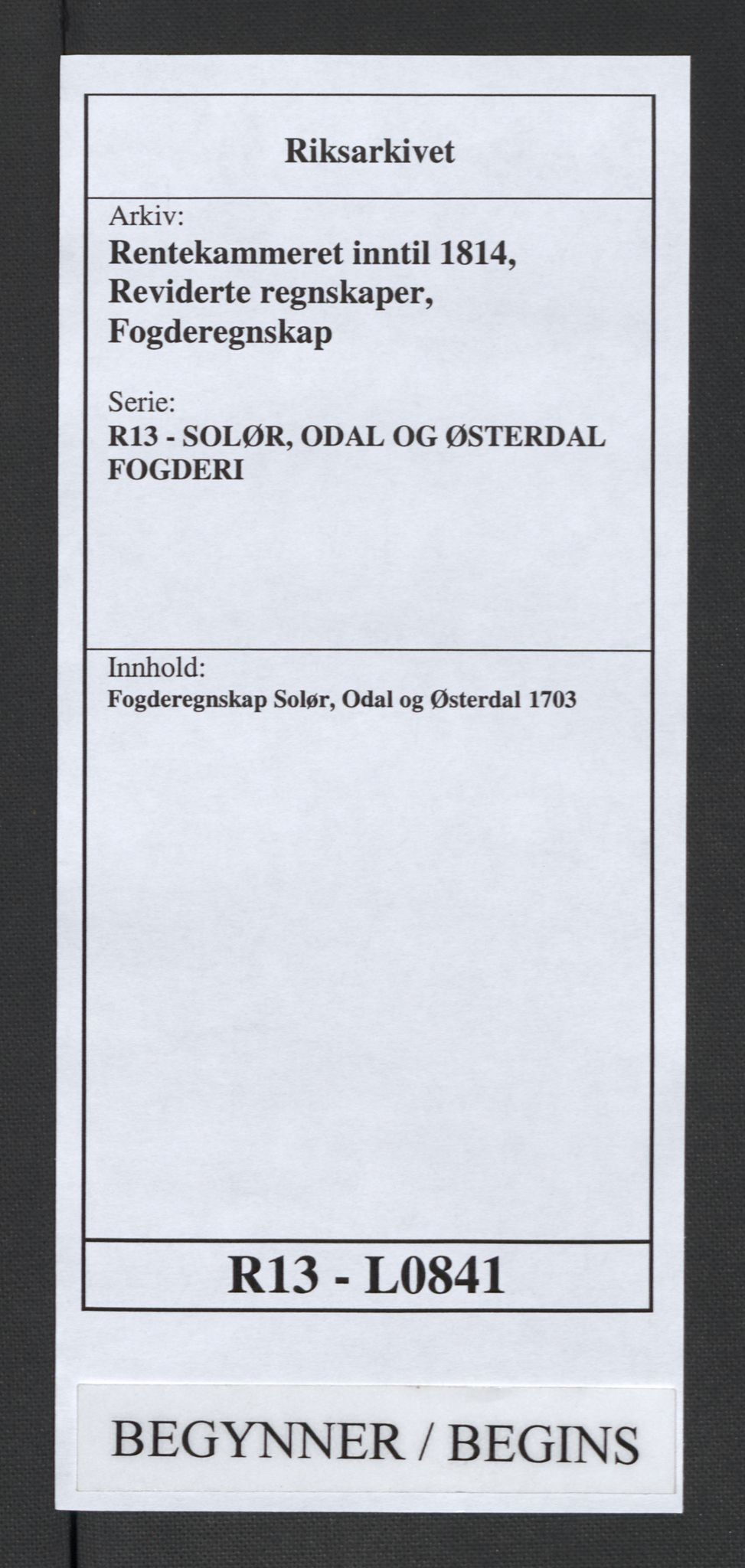 Rentekammeret inntil 1814, Reviderte regnskaper, Fogderegnskap, AV/RA-EA-4092/R13/L0841: Fogderegnskap Solør, Odal og Østerdal, 1703, s. 1