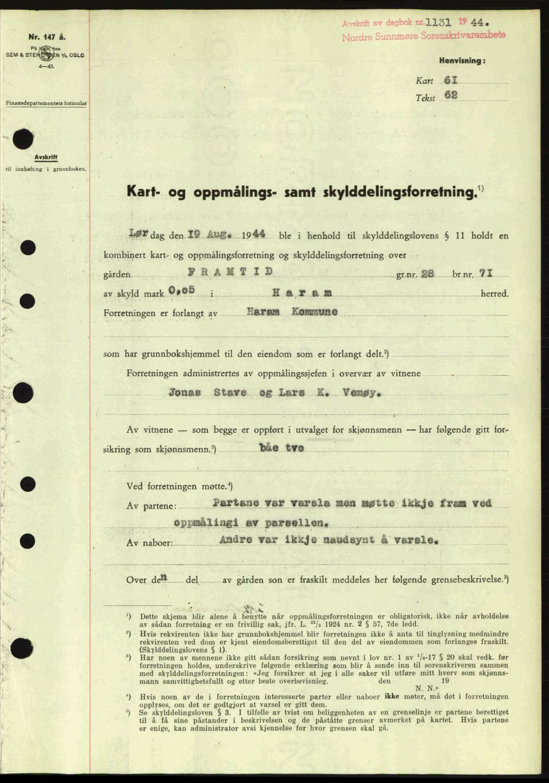 Nordre Sunnmøre sorenskriveri, SAT/A-0006/1/2/2C/2Ca: Pantebok nr. A18, 1944-1944, Dagboknr: 1131/1944