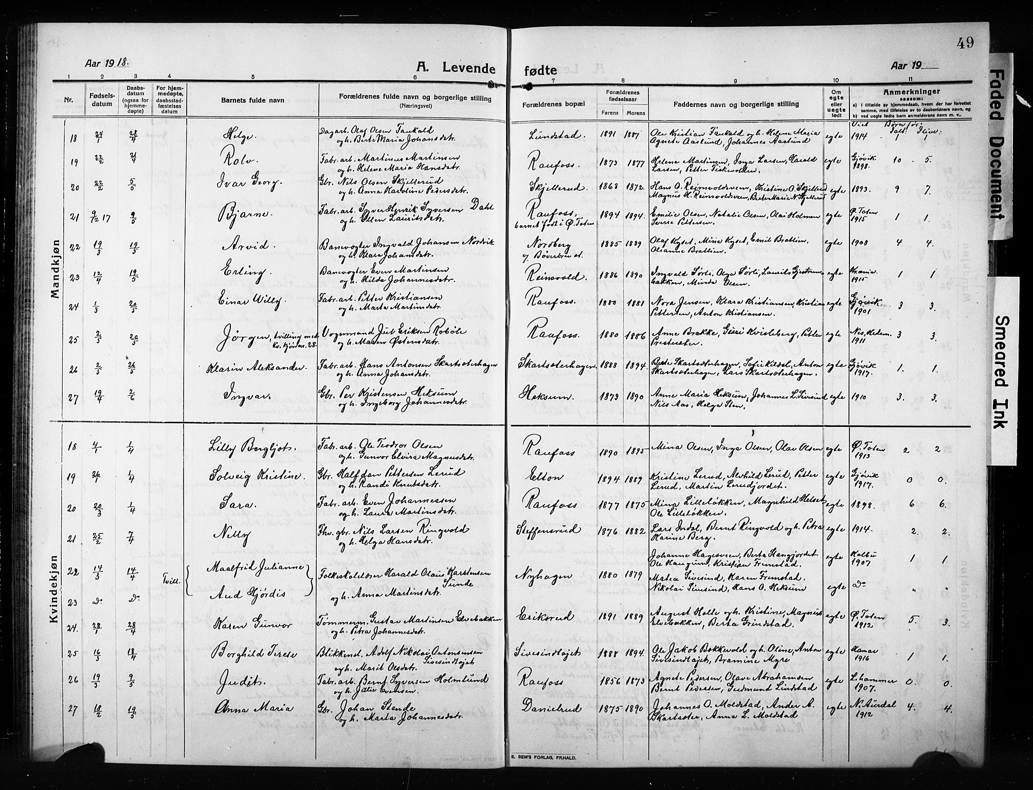 Vestre Toten prestekontor, AV/SAH-PREST-108/H/Ha/Hab/L0012: Klokkerbok nr. 12, 1909-1928, s. 49