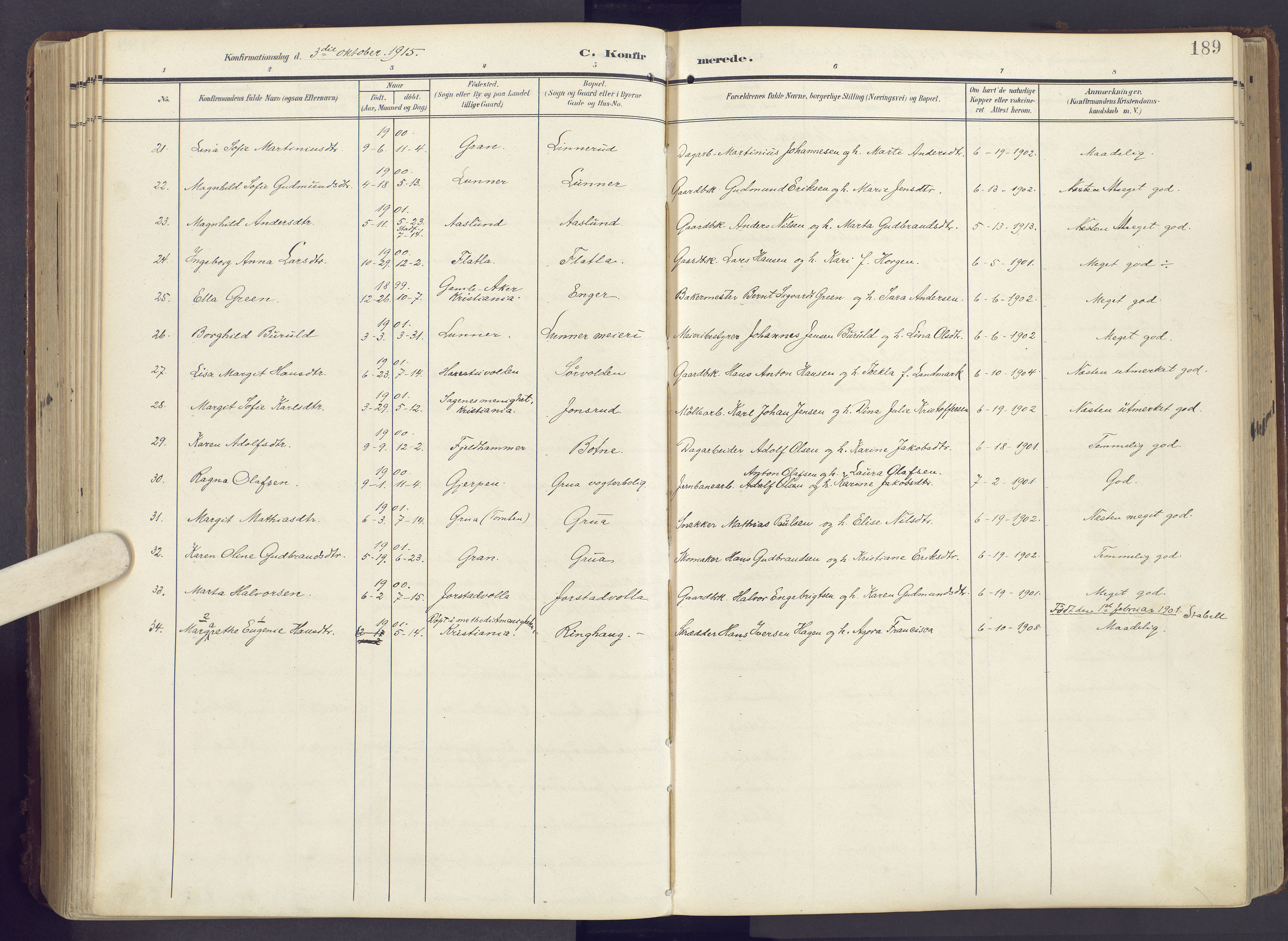 Lunner prestekontor, SAH/PREST-118/H/Ha/Haa/L0001: Ministerialbok nr. 1, 1907-1922, s. 189