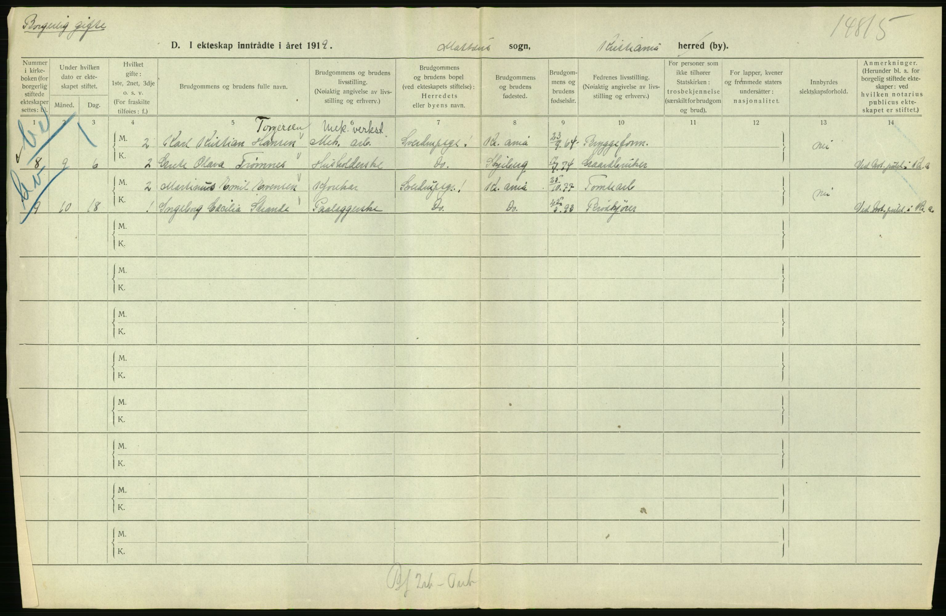 Statistisk sentralbyrå, Sosiodemografiske emner, Befolkning, AV/RA-S-2228/D/Df/Dfb/Dfbi/L0009: Kristiania: Gifte, 1919, s. 598