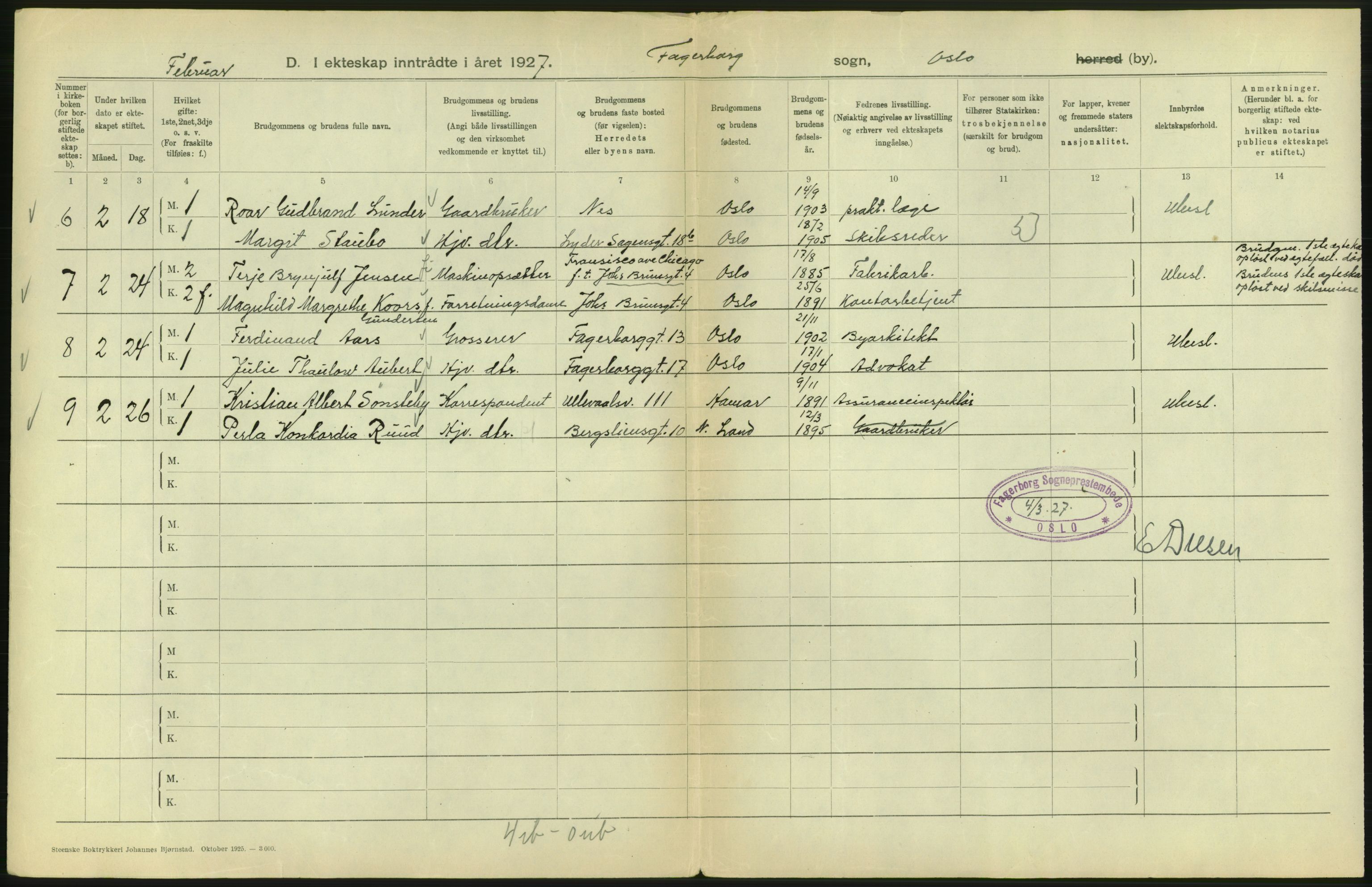 Statistisk sentralbyrå, Sosiodemografiske emner, Befolkning, AV/RA-S-2228/D/Df/Dfc/Dfcg/L0008: Oslo: Gifte, 1927, s. 232