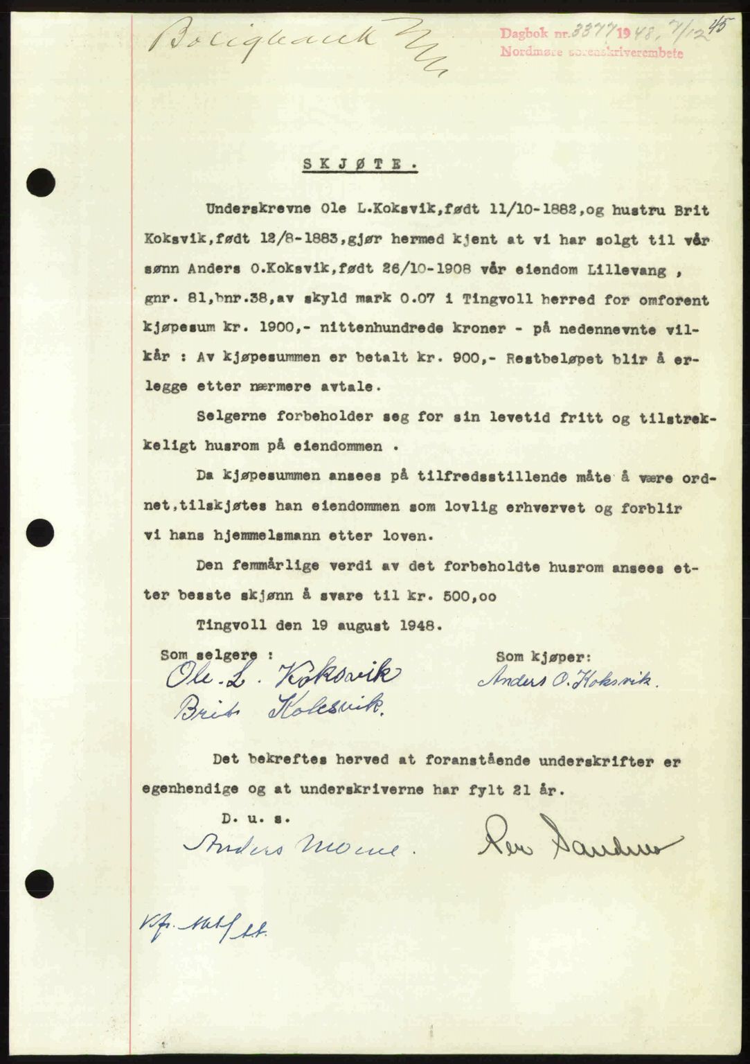 Nordmøre sorenskriveri, SAT/A-4132/1/2/2Ca: Pantebok nr. A110, 1948-1949, Dagboknr: 3377/1948