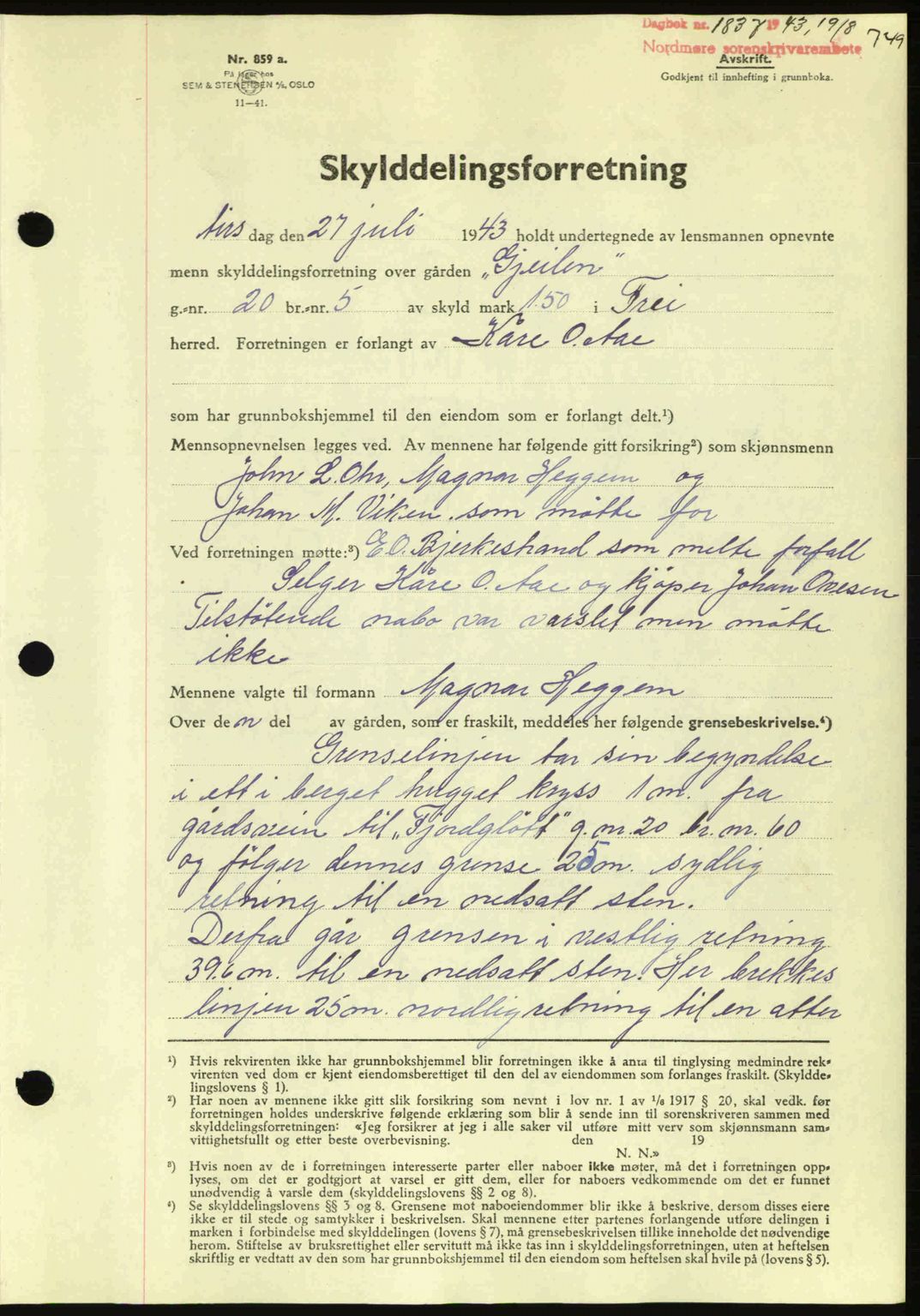 Nordmøre sorenskriveri, AV/SAT-A-4132/1/2/2Ca: Pantebok nr. A95, 1943-1943, Dagboknr: 1837/1943