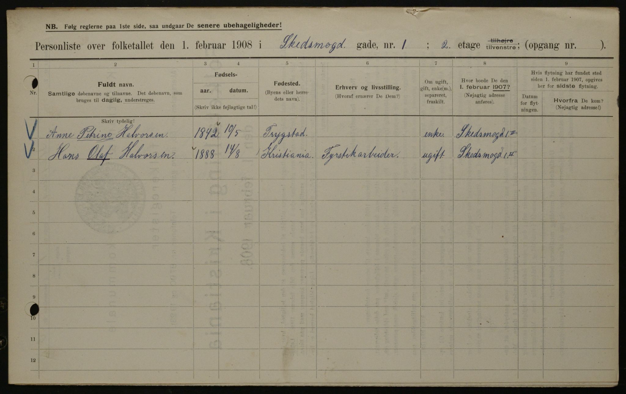 OBA, Kommunal folketelling 1.2.1908 for Kristiania kjøpstad, 1908, s. 85752