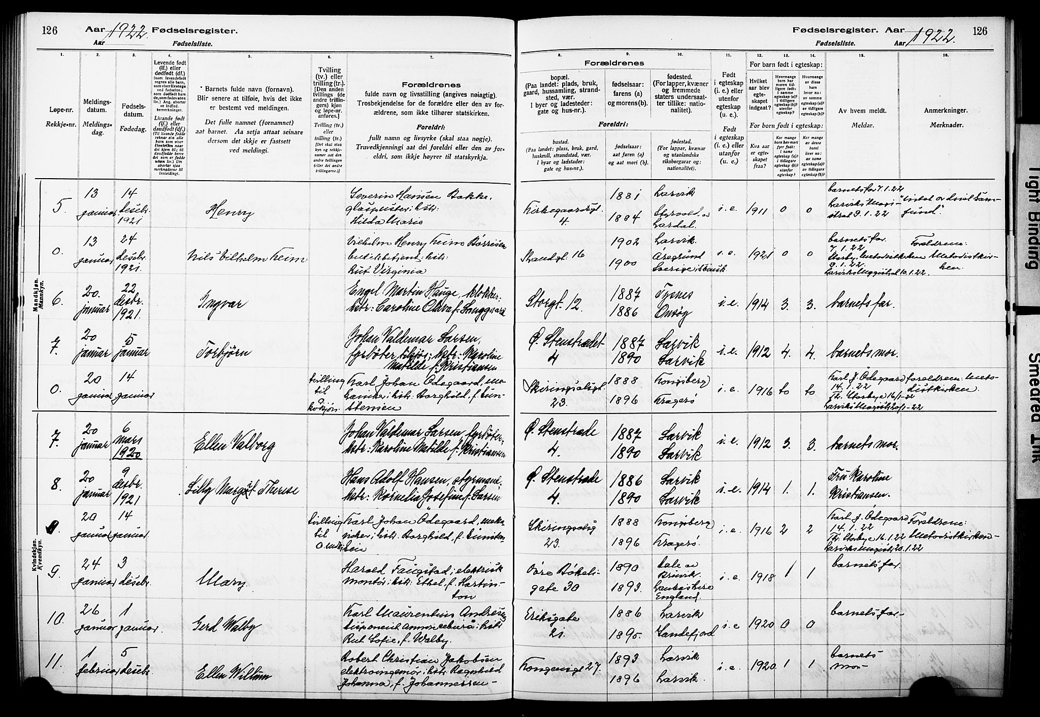 Larvik kirkebøker, AV/SAKO-A-352/J/Ja/L0001: Fødselsregister nr. I 1, 1916-1926, s. 126